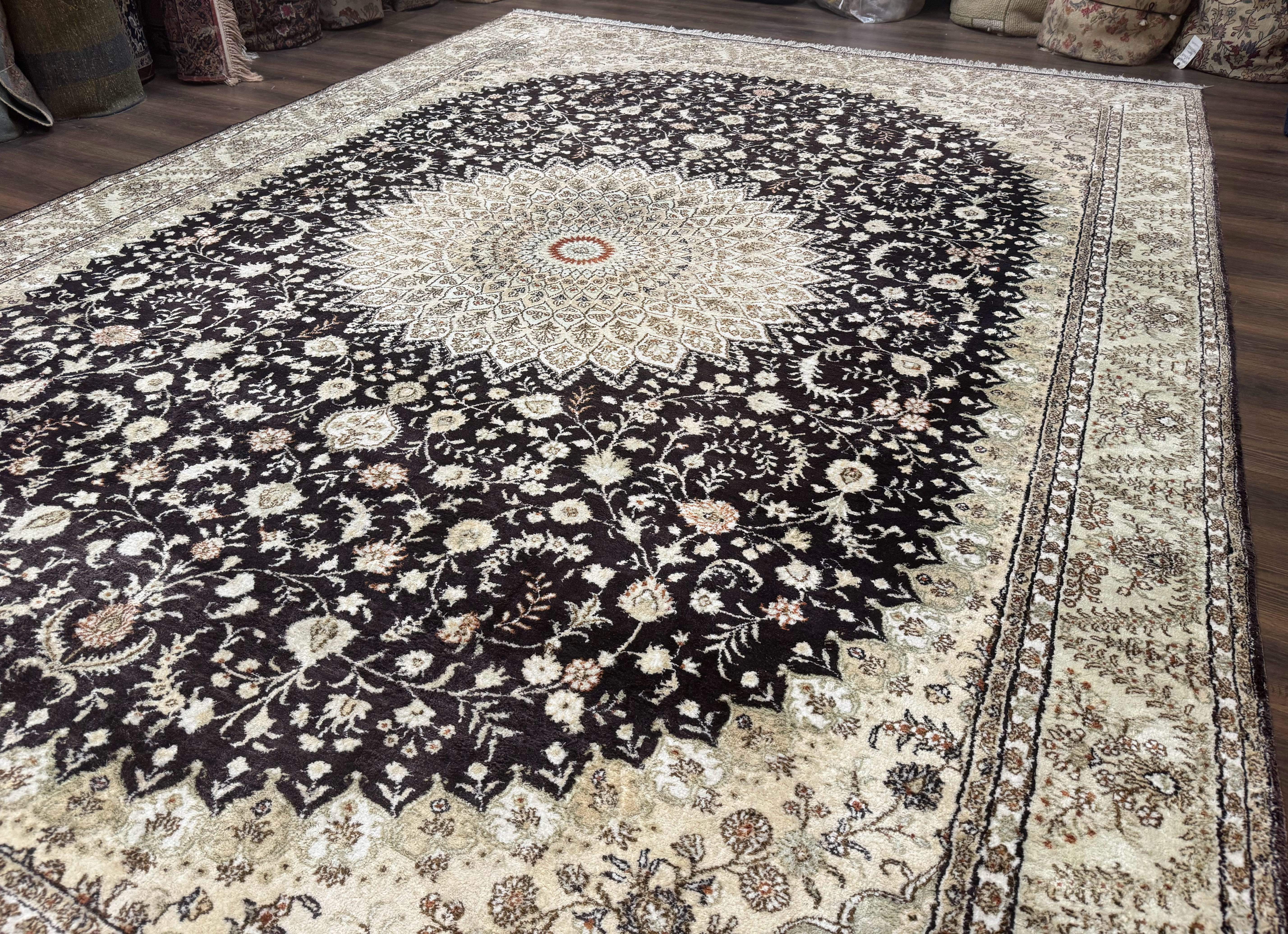Indian Kashmiri Silk Rug 10x14, Floral Medallion - Jewel Rugs