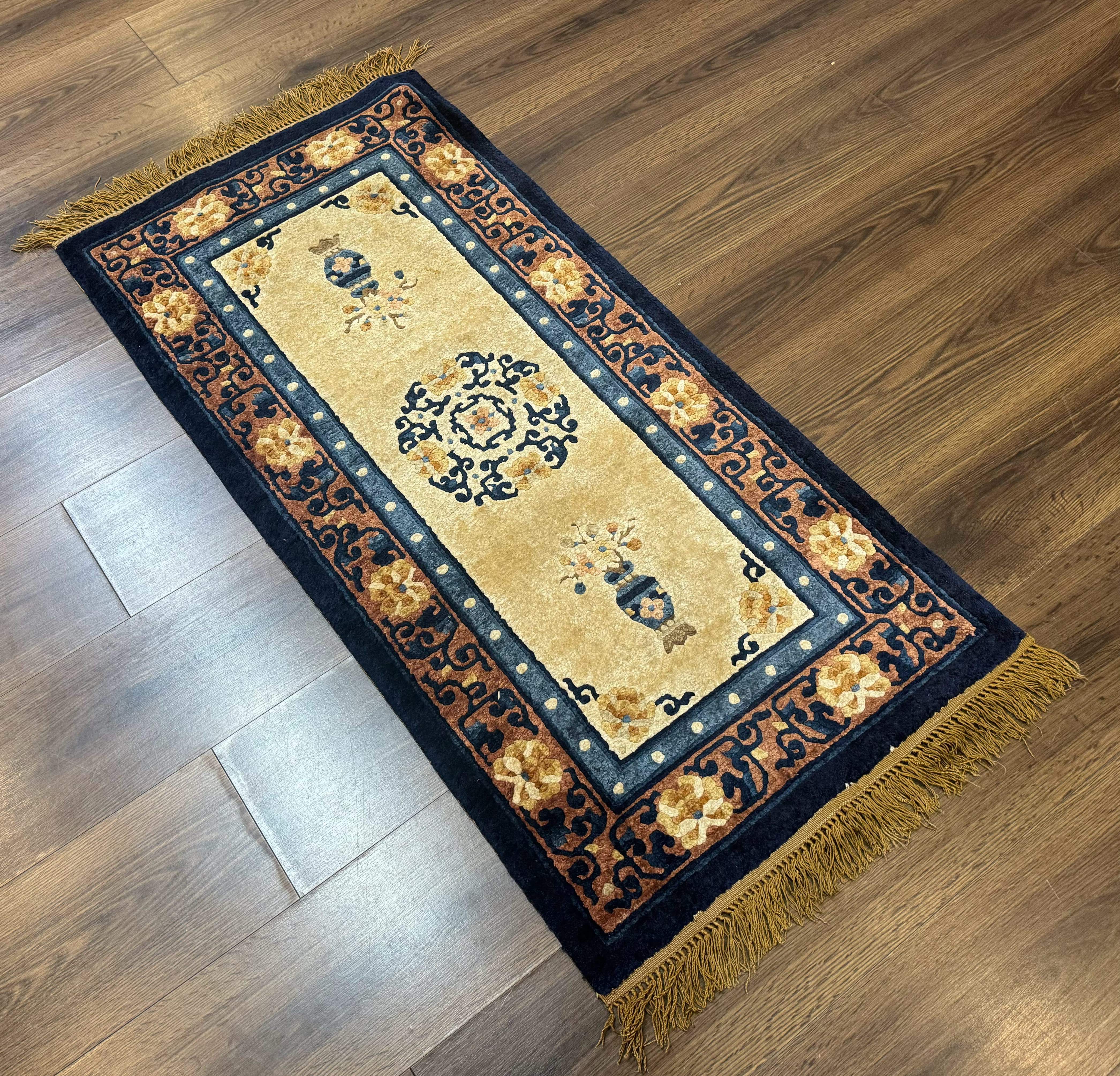 Silk Chinese Rug 2x4, Peking Carpet, Golden-Beige and Blue, Hand Knotted, Simple Design - Jewel Rugs