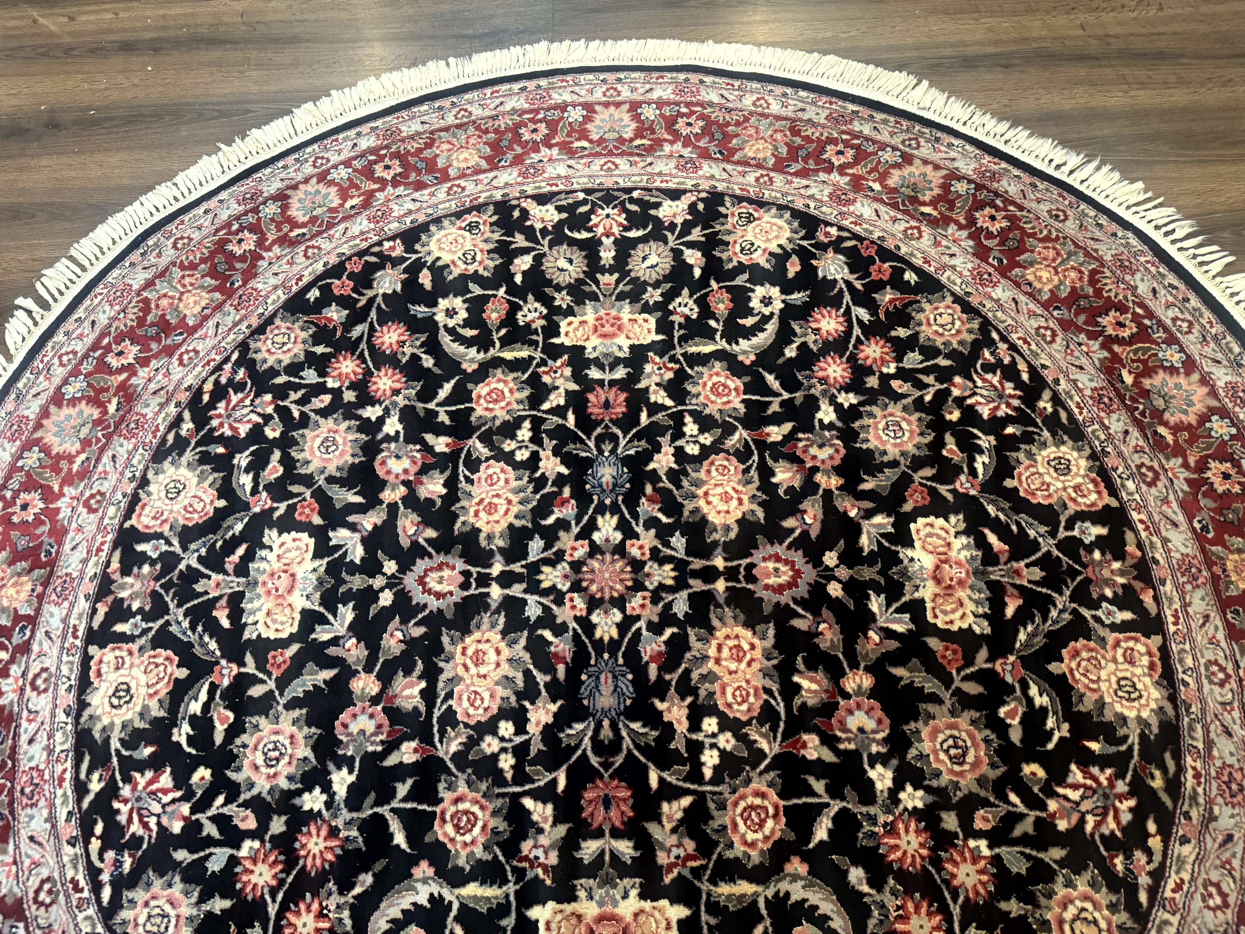 Round Sino Persian Rug 6x6, Floral, Navy Blue and Red, Wool and Silk Highlights - Jewel Rugs