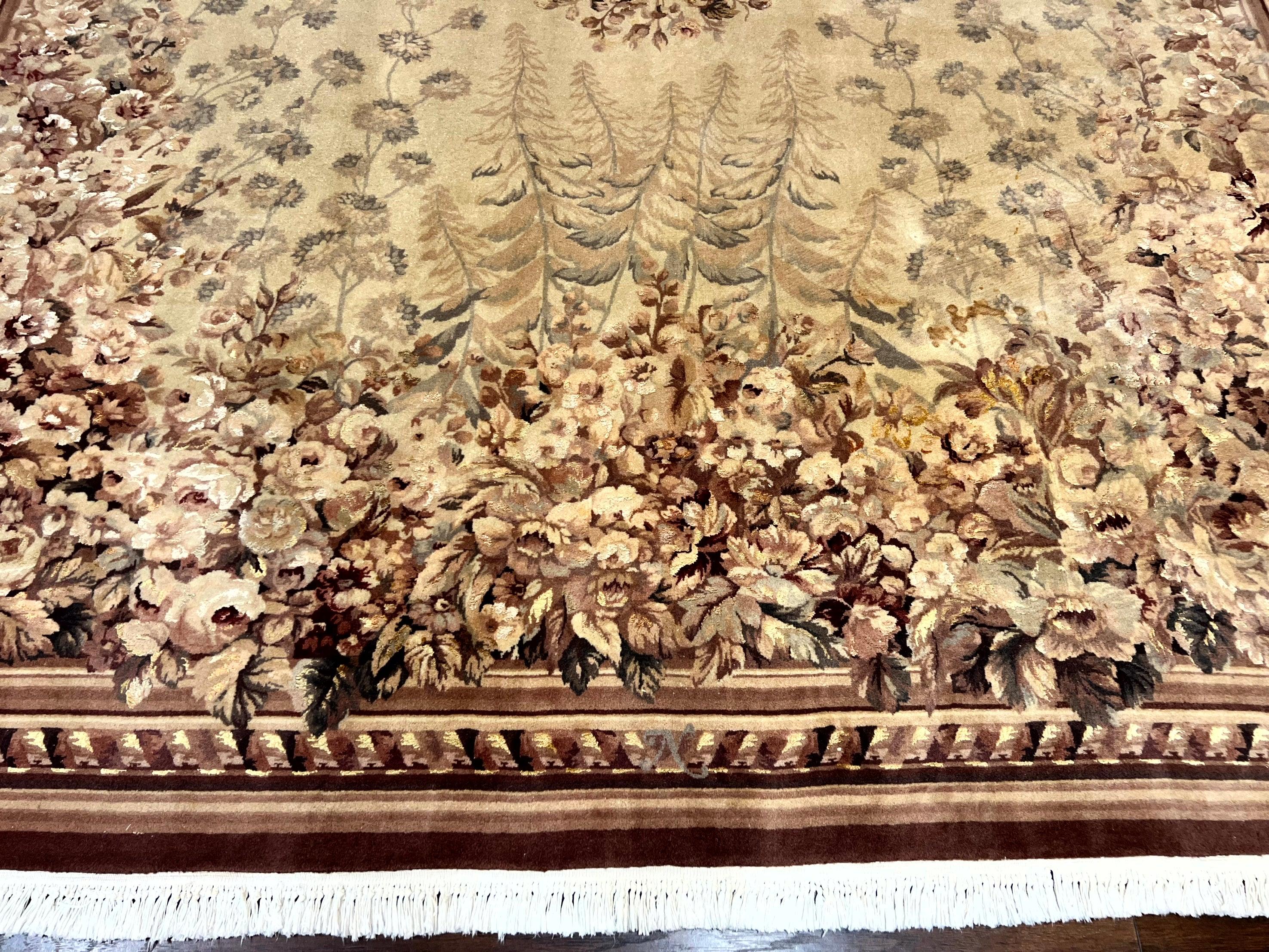Aubusson Wool Rug 9x11, Wool with Silk Highlights, European Design, Vintage, Handmade, Floral, Fine 210 KPSI - Jewel Rugs