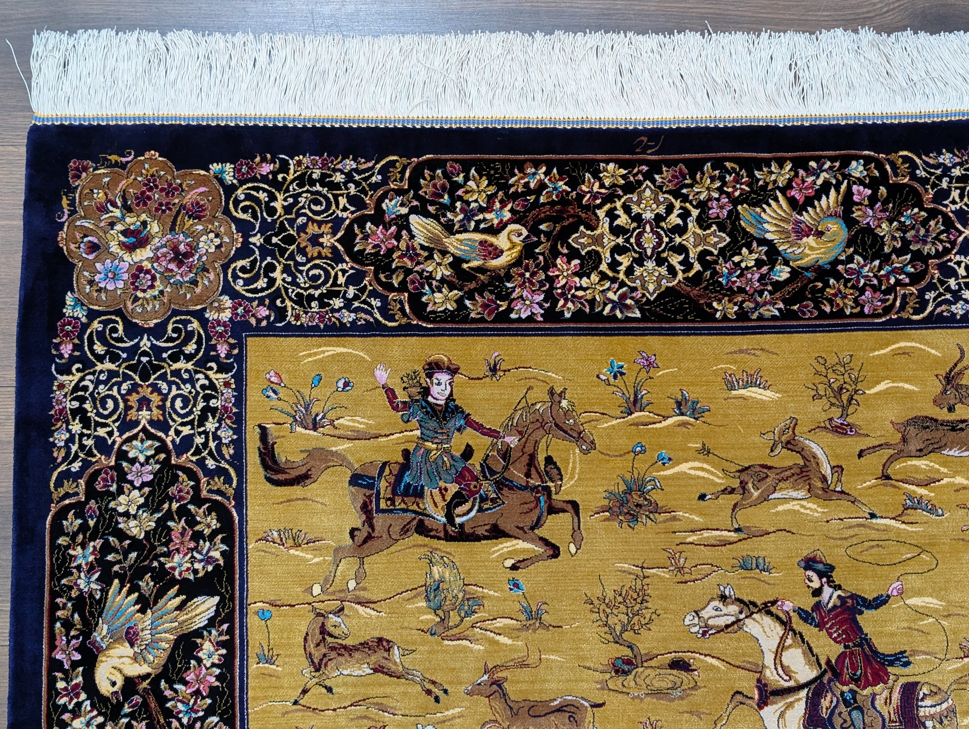 Hunting Pattern Silk Rug 3x5, Animal Pictorials, Persian Design Silk Carpet, Bamboo Silk, New - Jewel Rugs