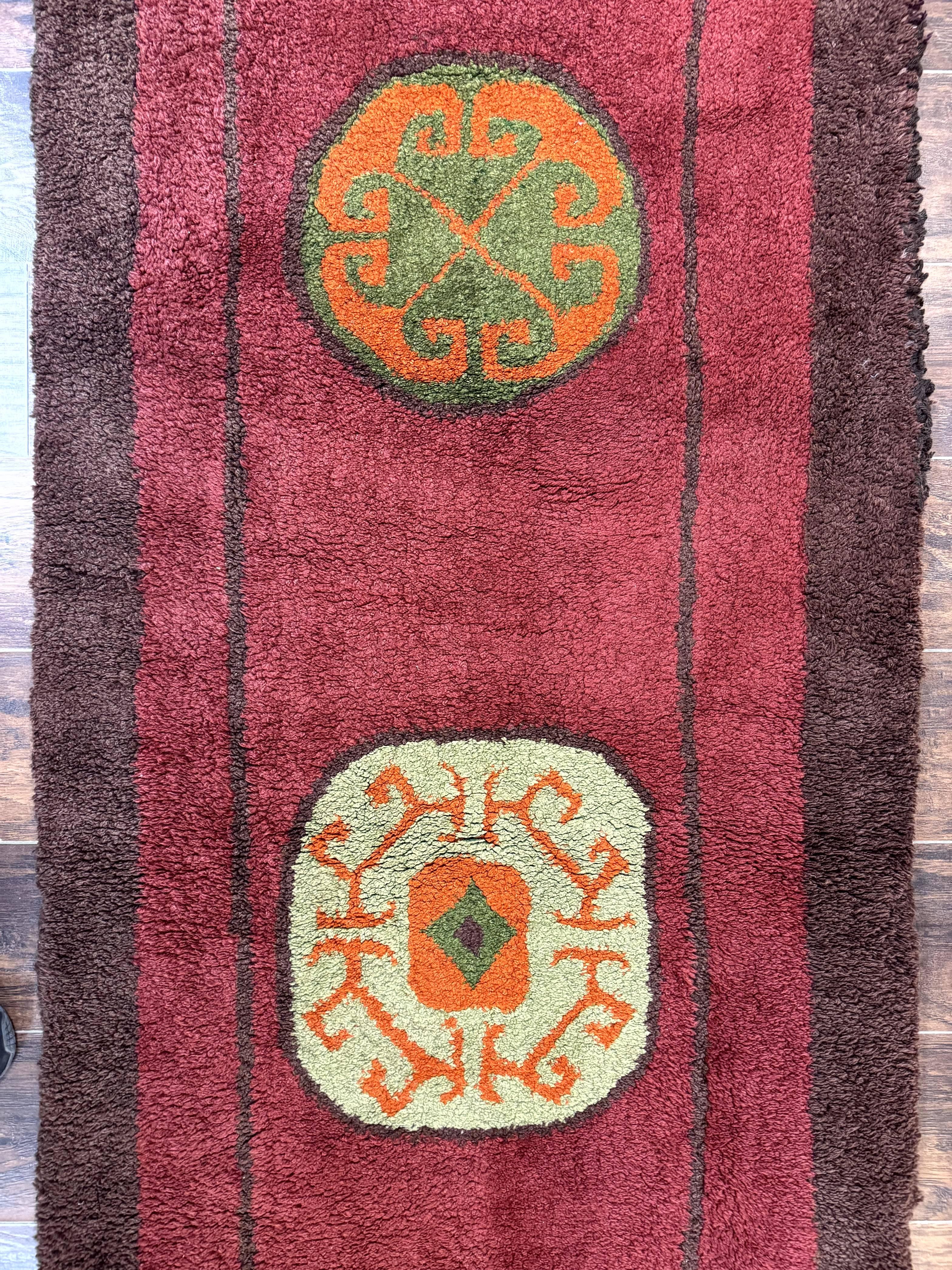 German Hooked Runner Rug 3x8, Vintage, Red, Wool - Jewel Rugs