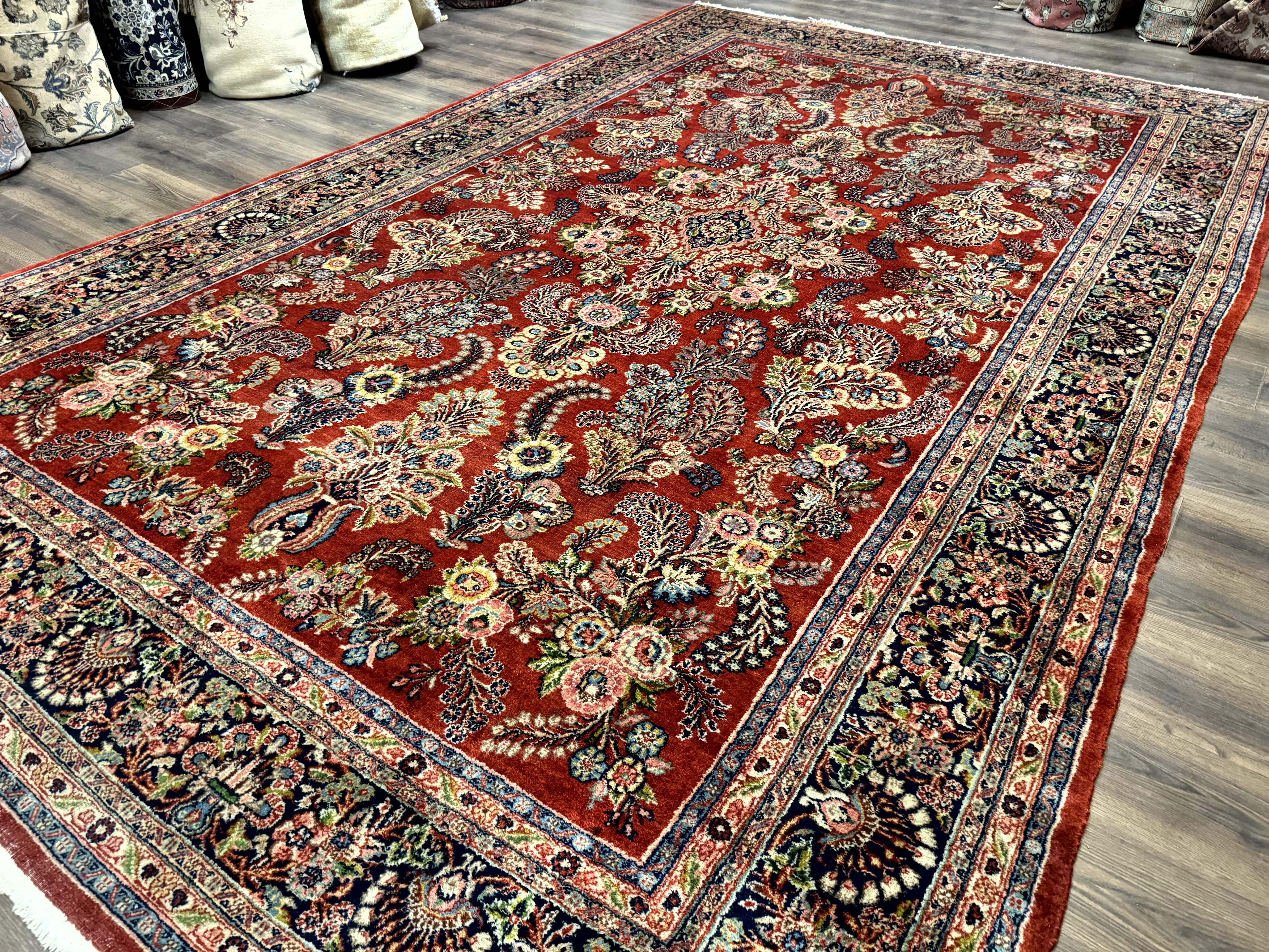 Persian Sarouk Rug 9x14 – Red and Navy, Floral Allover - Jewel Rugs