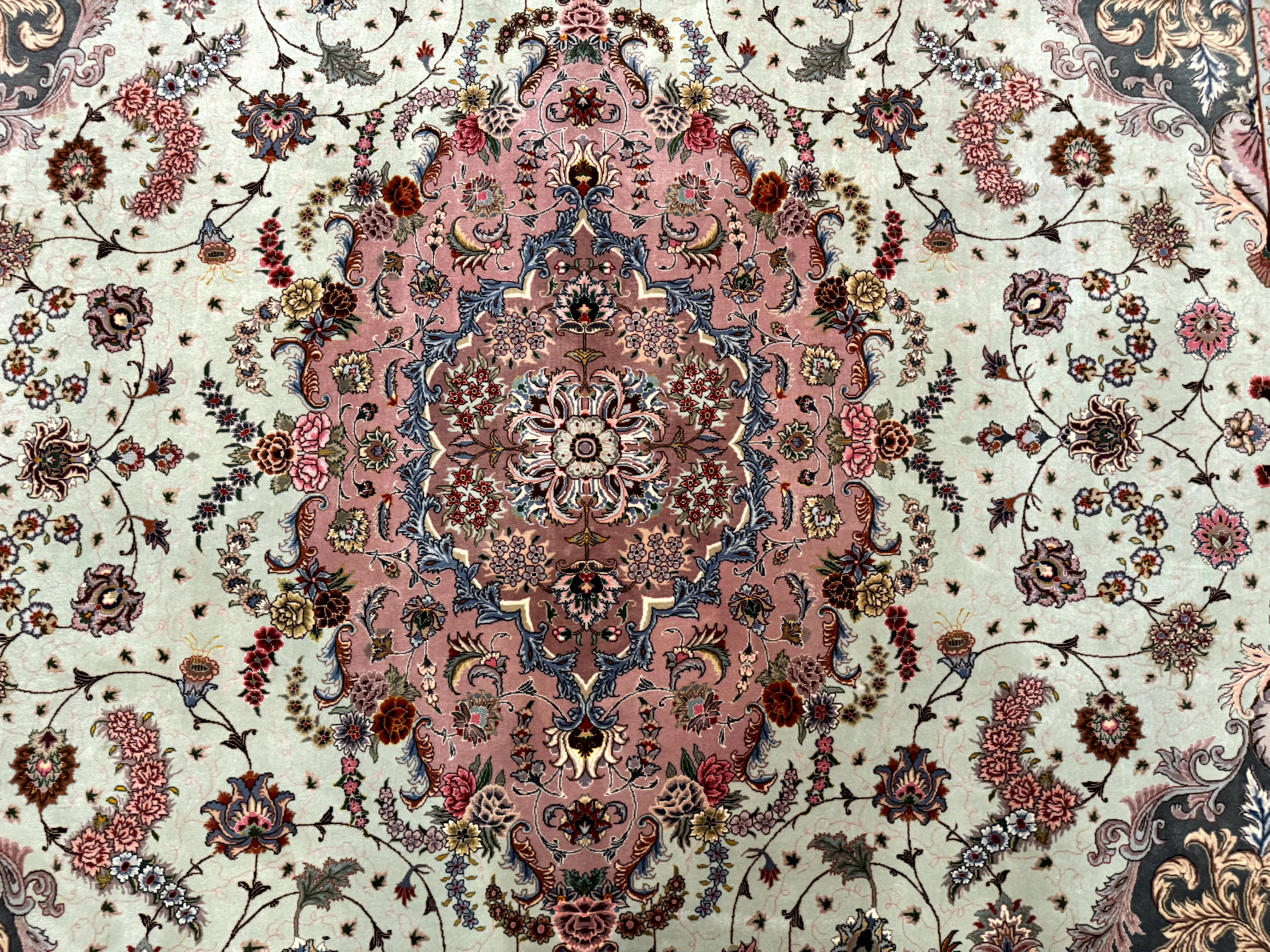 Marvelous Persian Tabriz Rug 10x13, Very Fine 380 KPSI, Mint Green Pink, Floral - Jewel Rugs