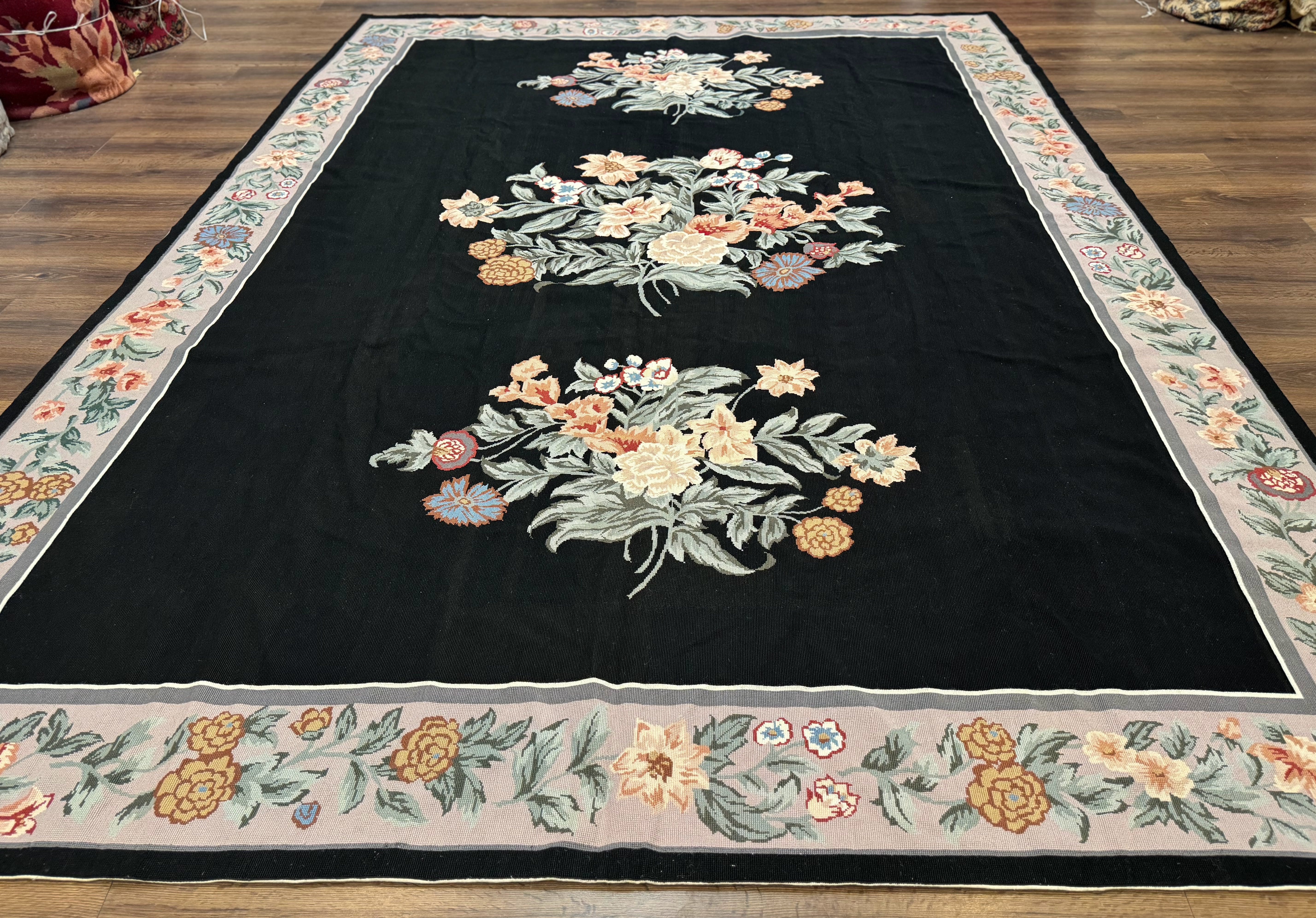 Black Needlepoint Rug 8x11 with Multicolor Flowers, Vintage Carpet - Jewel Rugs