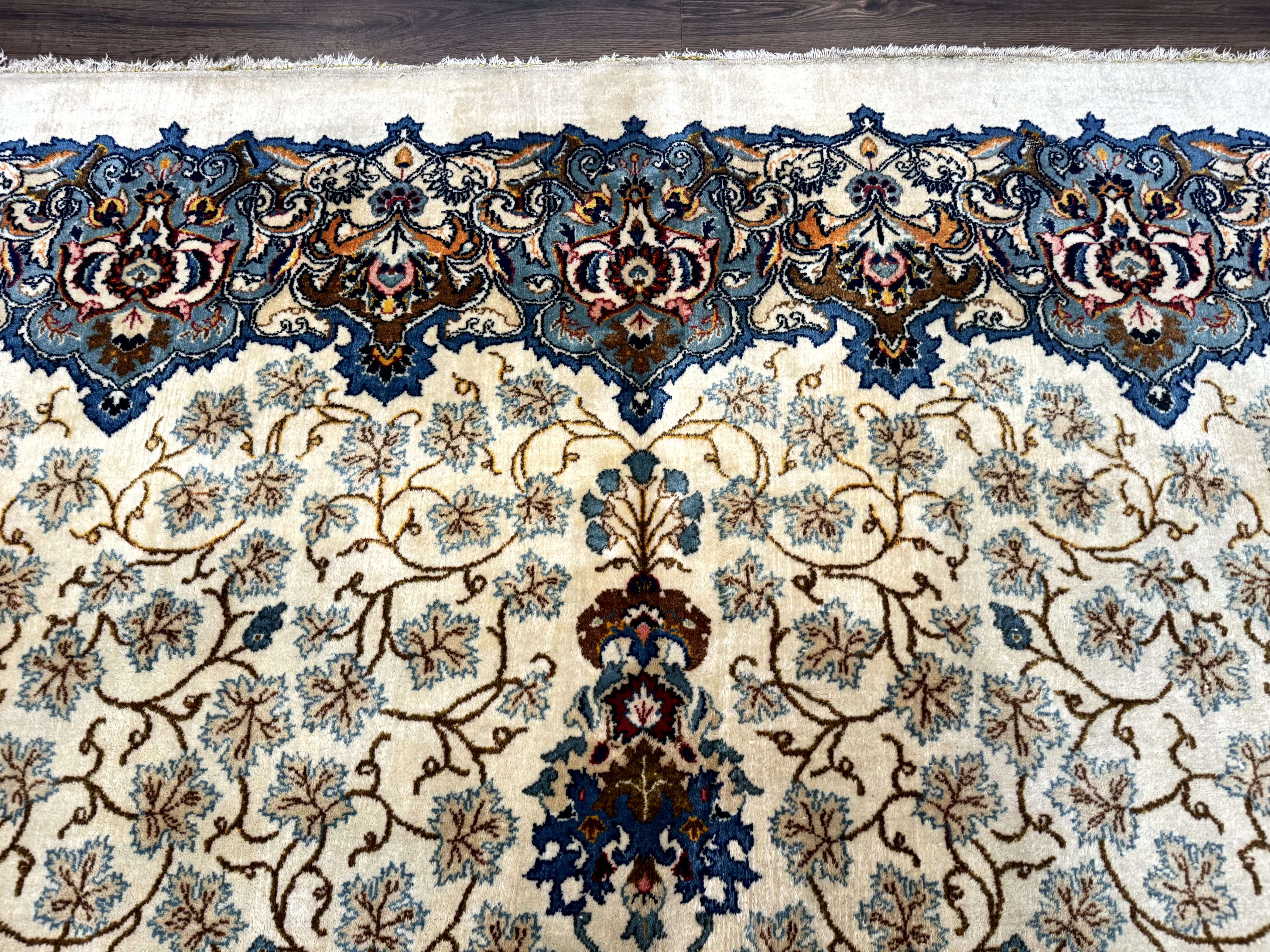 Persian Kashan Rug 9 x 12.6, Ivory and Blue, Floral Medallion, Wool Hand Knotted Semi Antique Carpet - Jewel Rugs