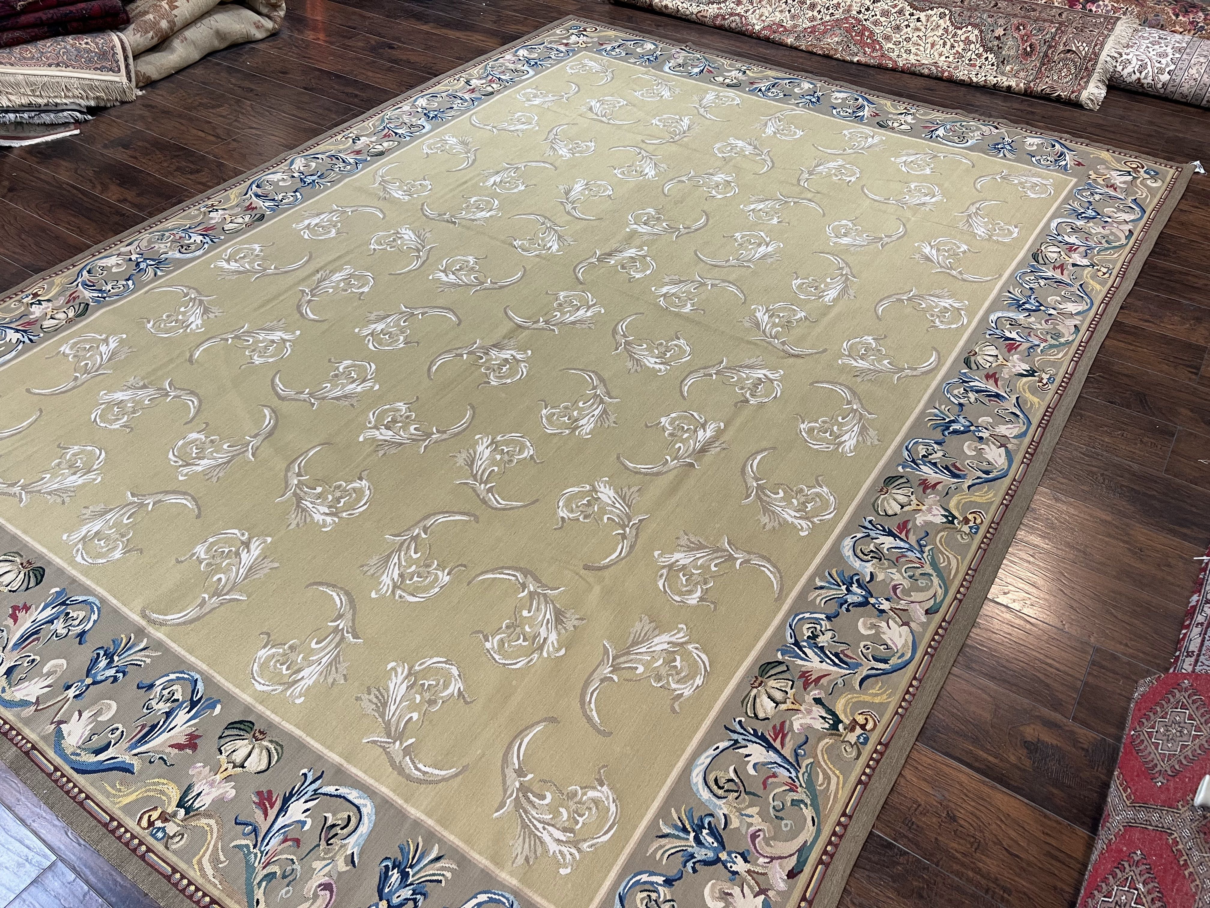 Vintage Aubusson Flatweave Area Rug 9x12, Aubusson Weave, Wool, Beige, Handmade, French European Design, 8'9" x 11'9" - Jewel Rugs