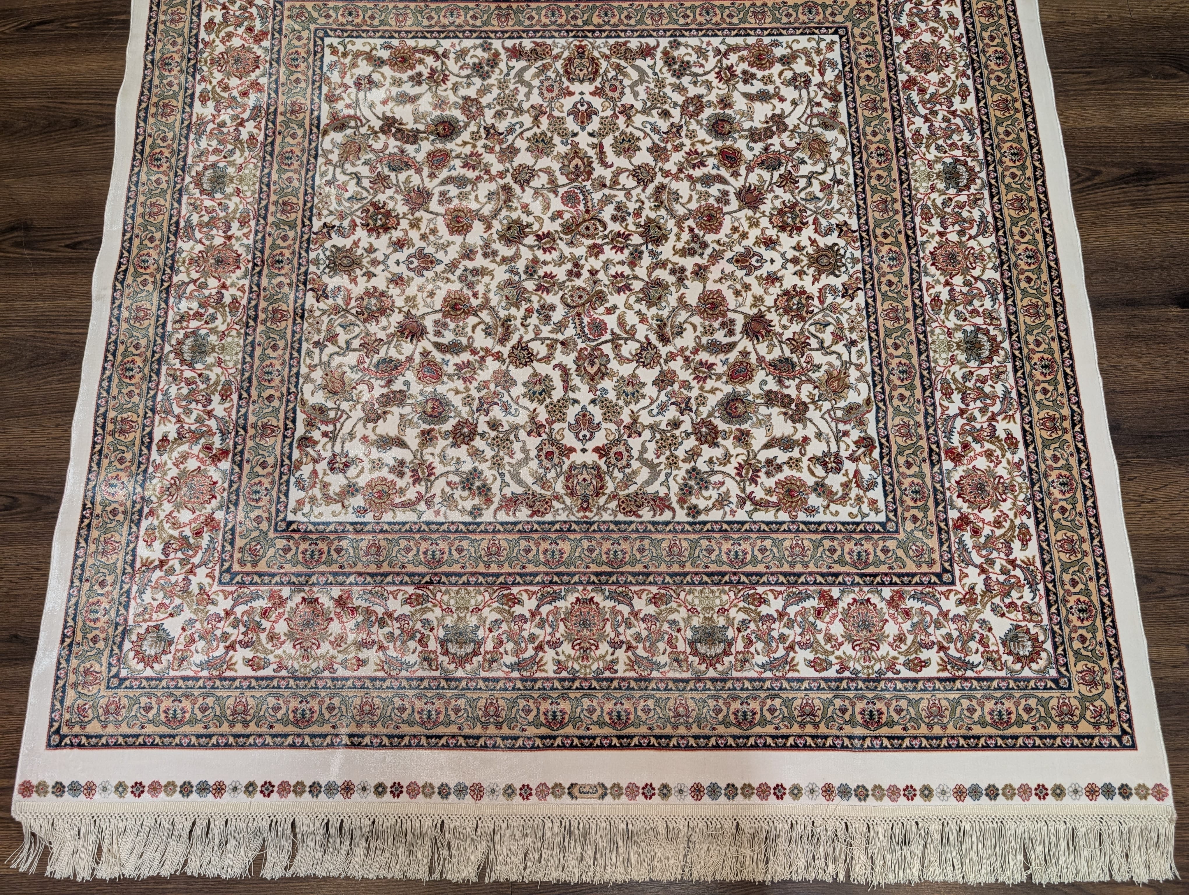 Square Silk Rug 5x5, Turkish Silk Carpet, Ivory, New, Bamboo Silk - Jewel Rugs