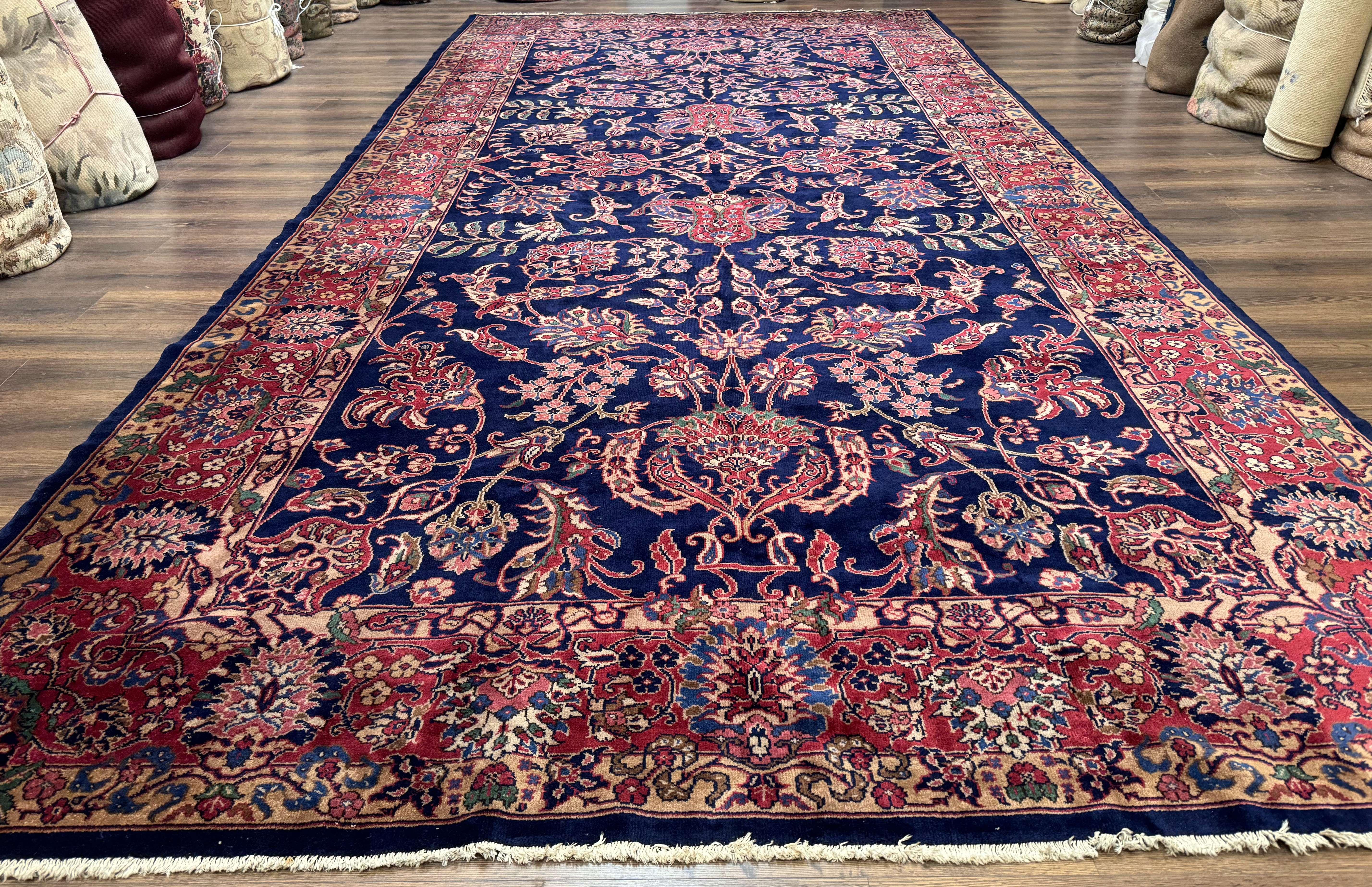 Palace Size Turkish Sparta Rug 9x18, Rare, Navy Blue and Red, Allover Pattern, Traditional Oriental Carpet, Handmade Wool Rug - Jewel Rugs