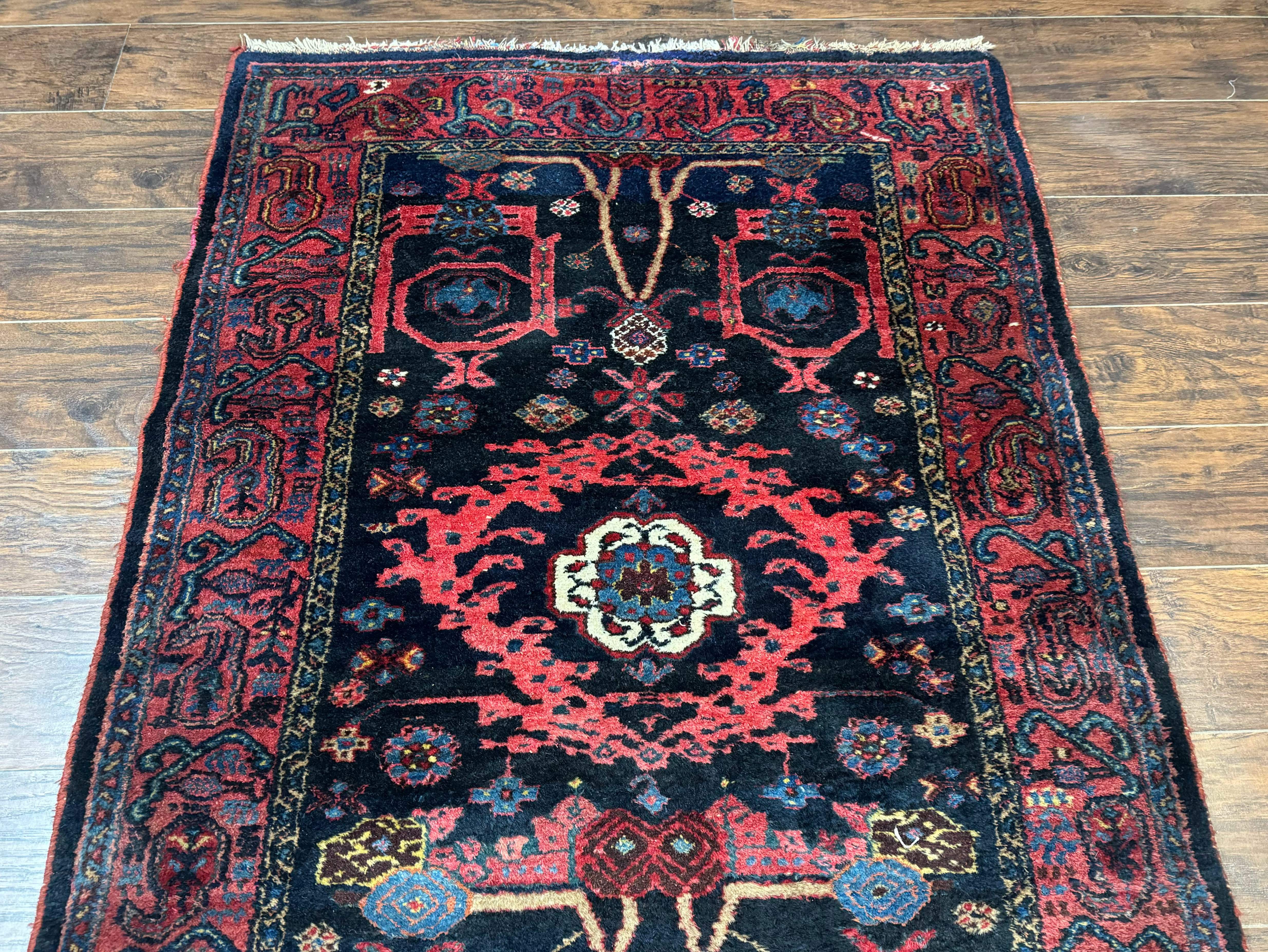 Rare Persian Malayer Runner Rug 4x16 – Navy and Red, Hand-Knotted Wool Antique Carpet, Paisley Border - Jewel Rugs