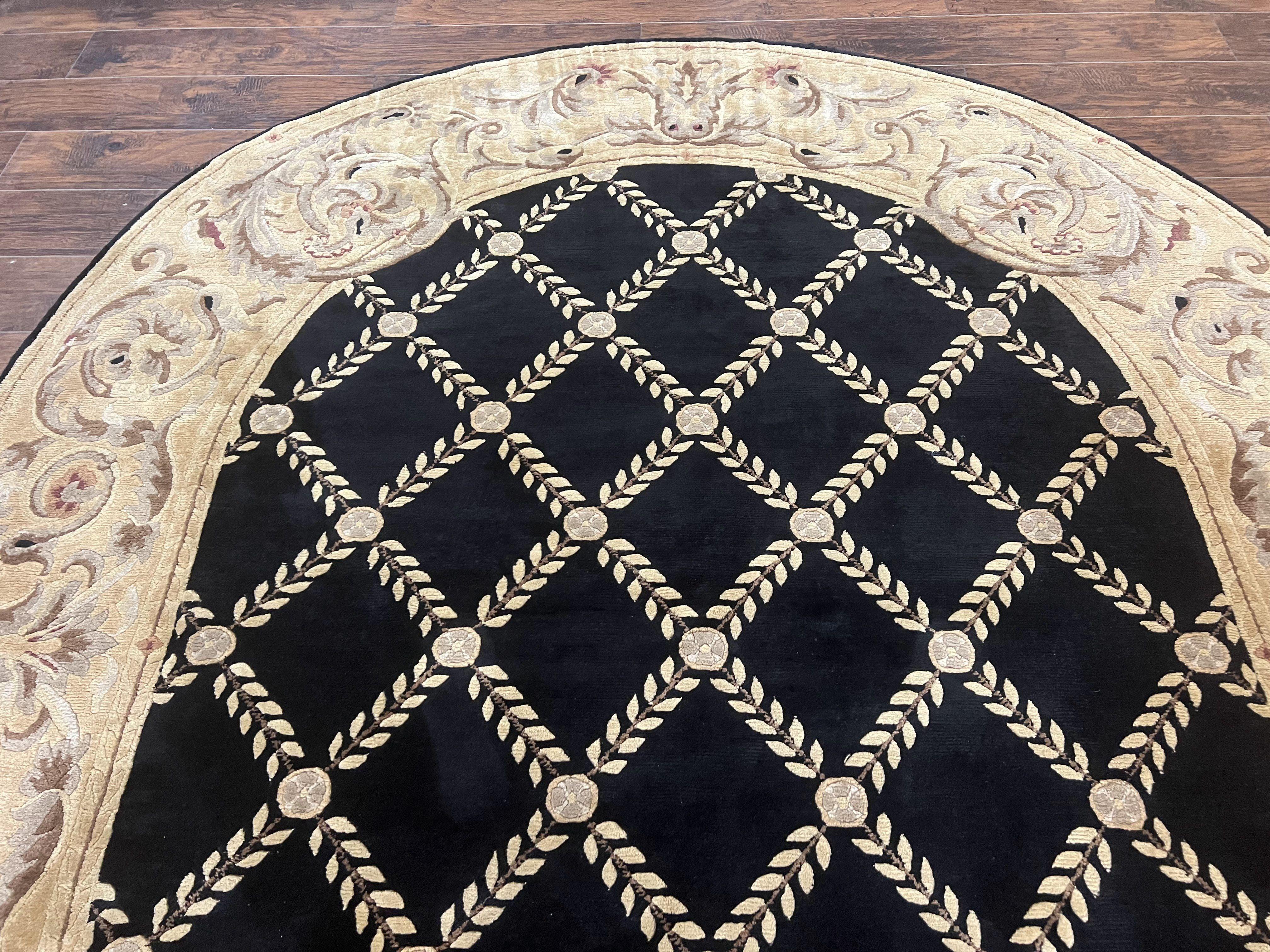 Oval Tibetan Rug 8x10, French Aubusson Design, Wool Handmade Vintage Carpet, Black & Beige, Soft Wool Pile - Jewel Rugs