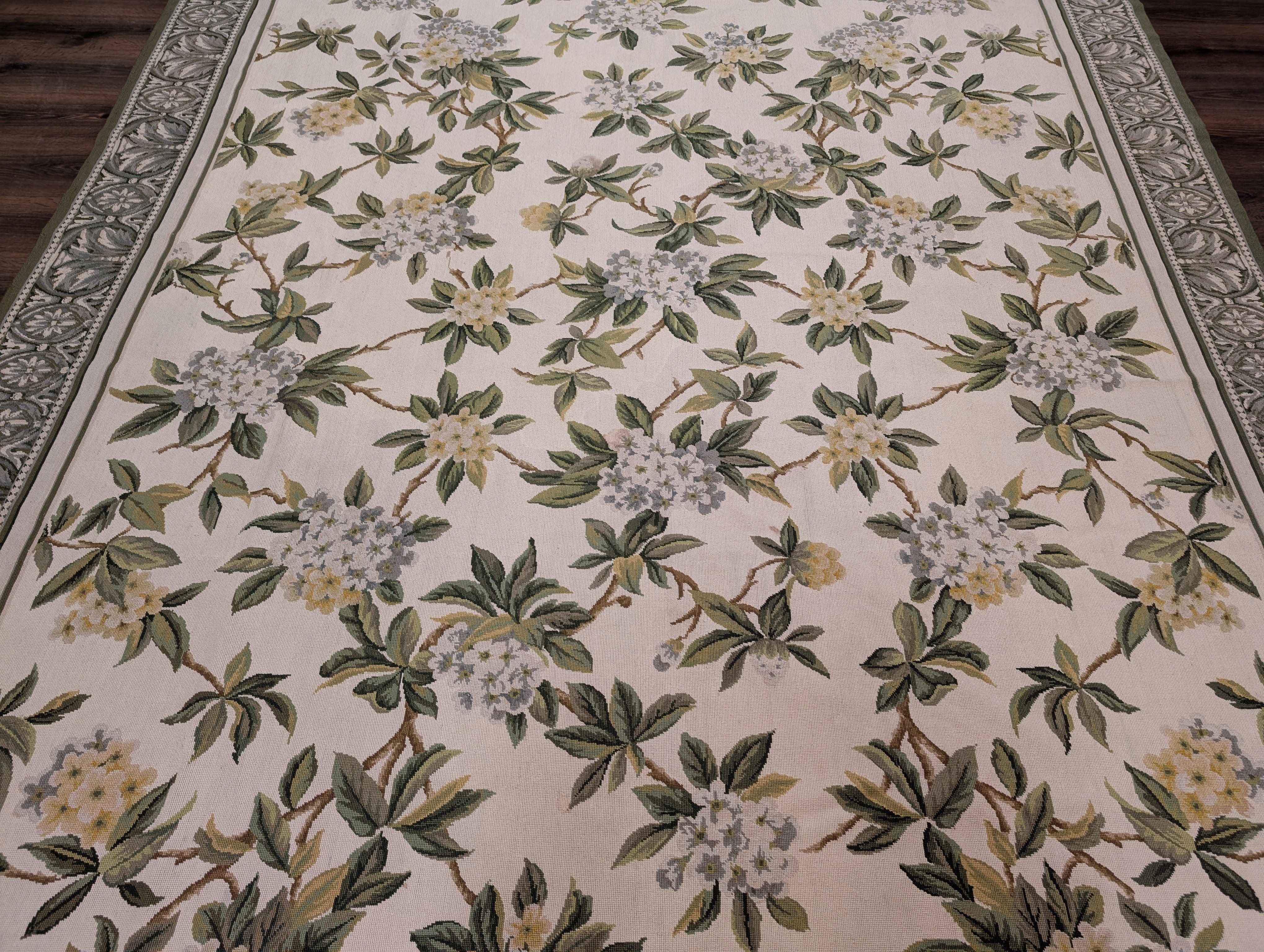 Needlepoint Rug 9x12, Floral, Ivory and Green, Wool - Jewel Rugs