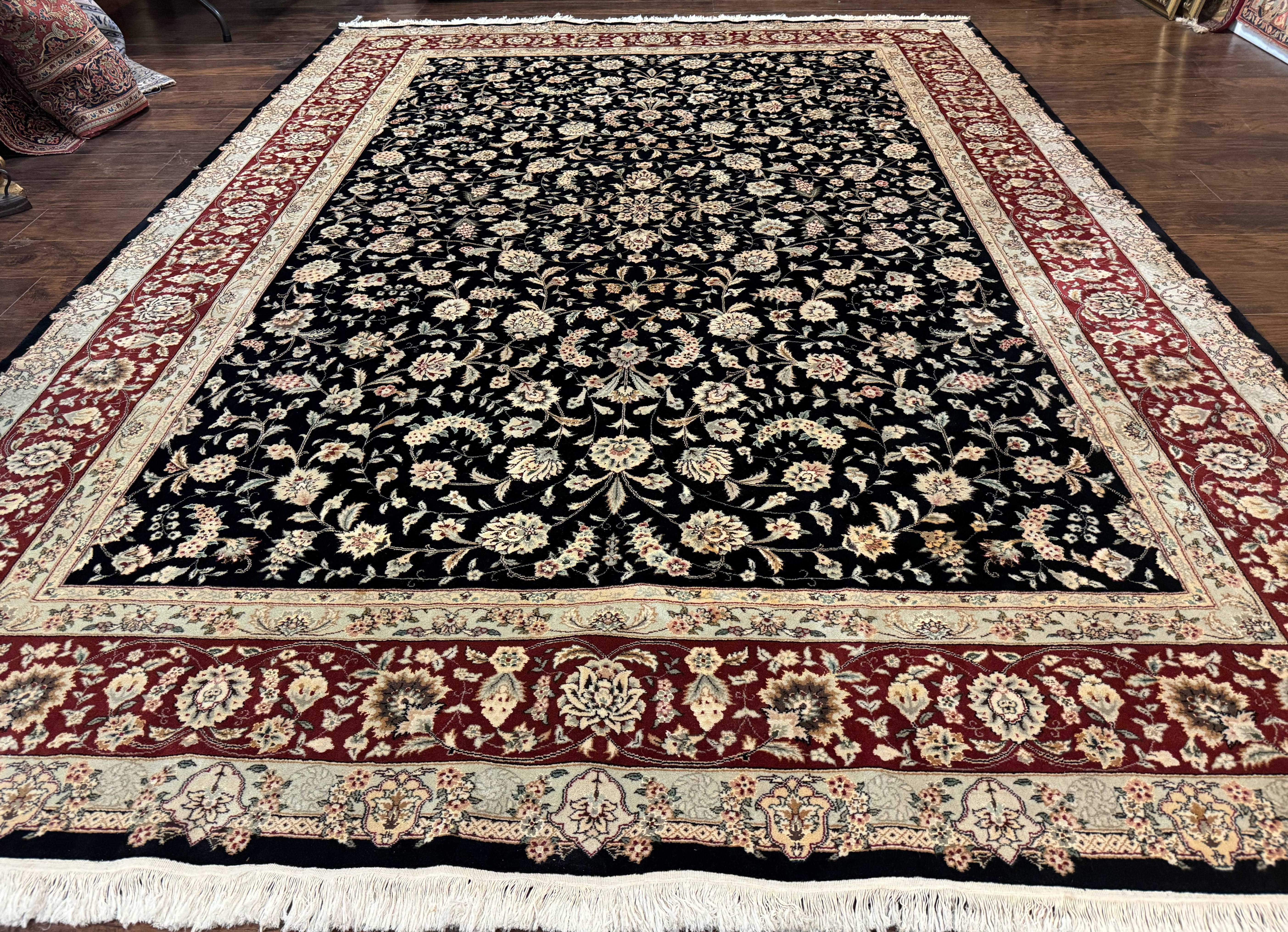 Sino Persian Rug 9x12, Fine Elegant Oriental Carpet 200 KPSI, Black and Dark Red, Allover Floral - Jewel Rugs