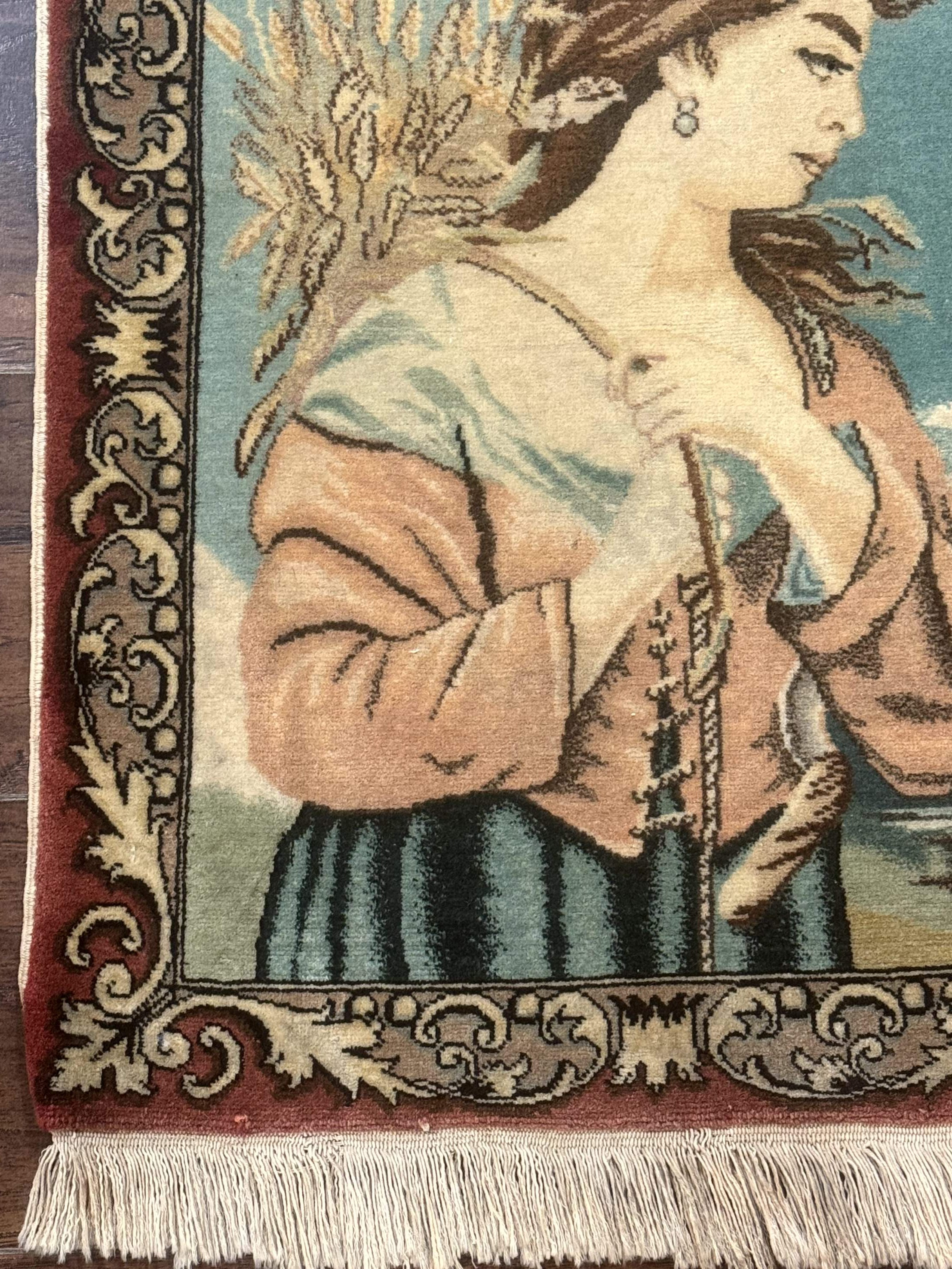 Persian Tabriz Pictorial Rug, Young Lady with Wheat, Very Fine, Wool, Wall Hanging Rug - Jewel Rugs