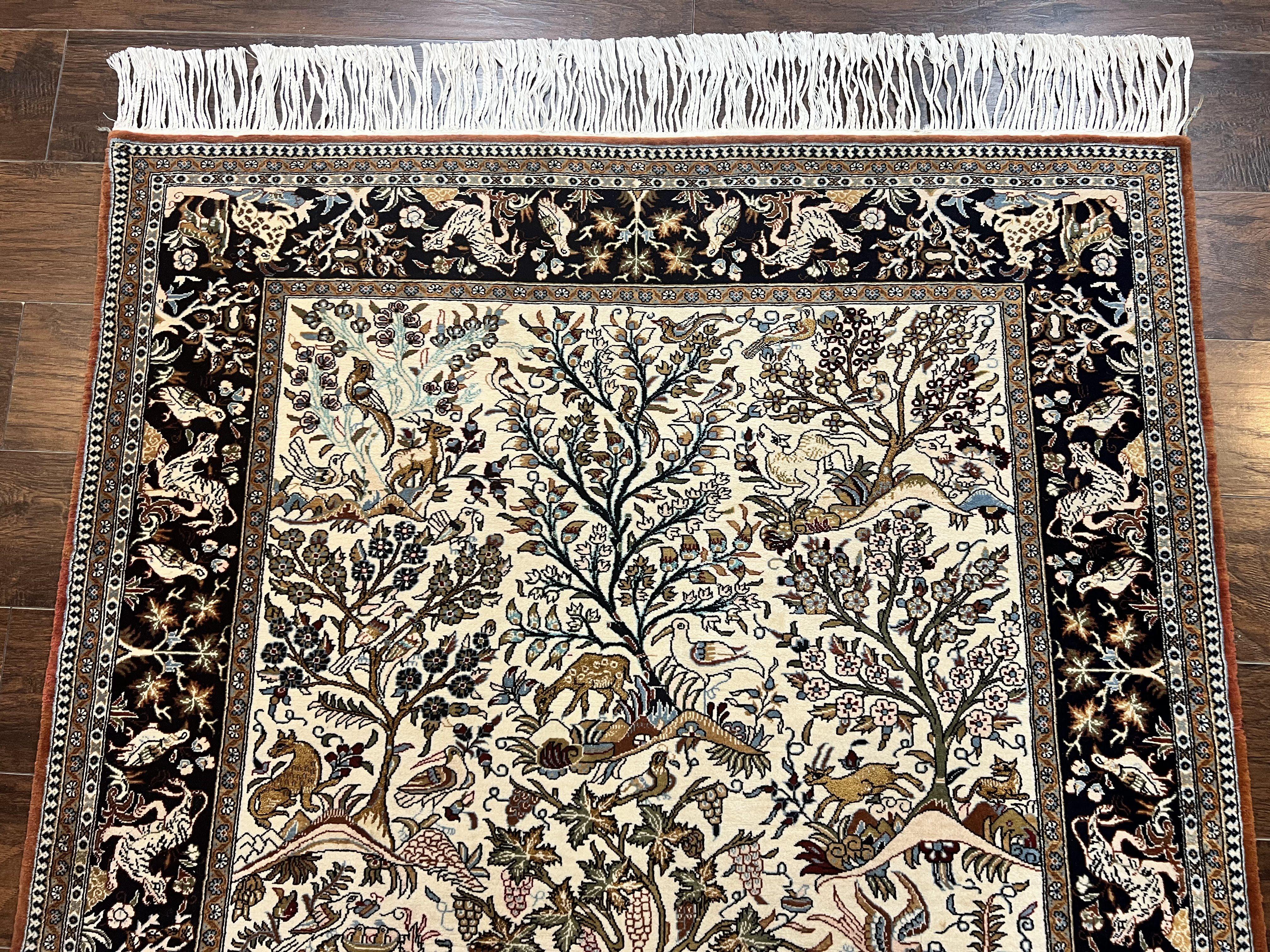 Persian Qum Tree of Life Rug 5x7, Wool and Silk Highlights, Animal Motifs, Vintage Hand Knotted Handmade Cream & Black Fine Oriental Carpet - Jewel Rugs