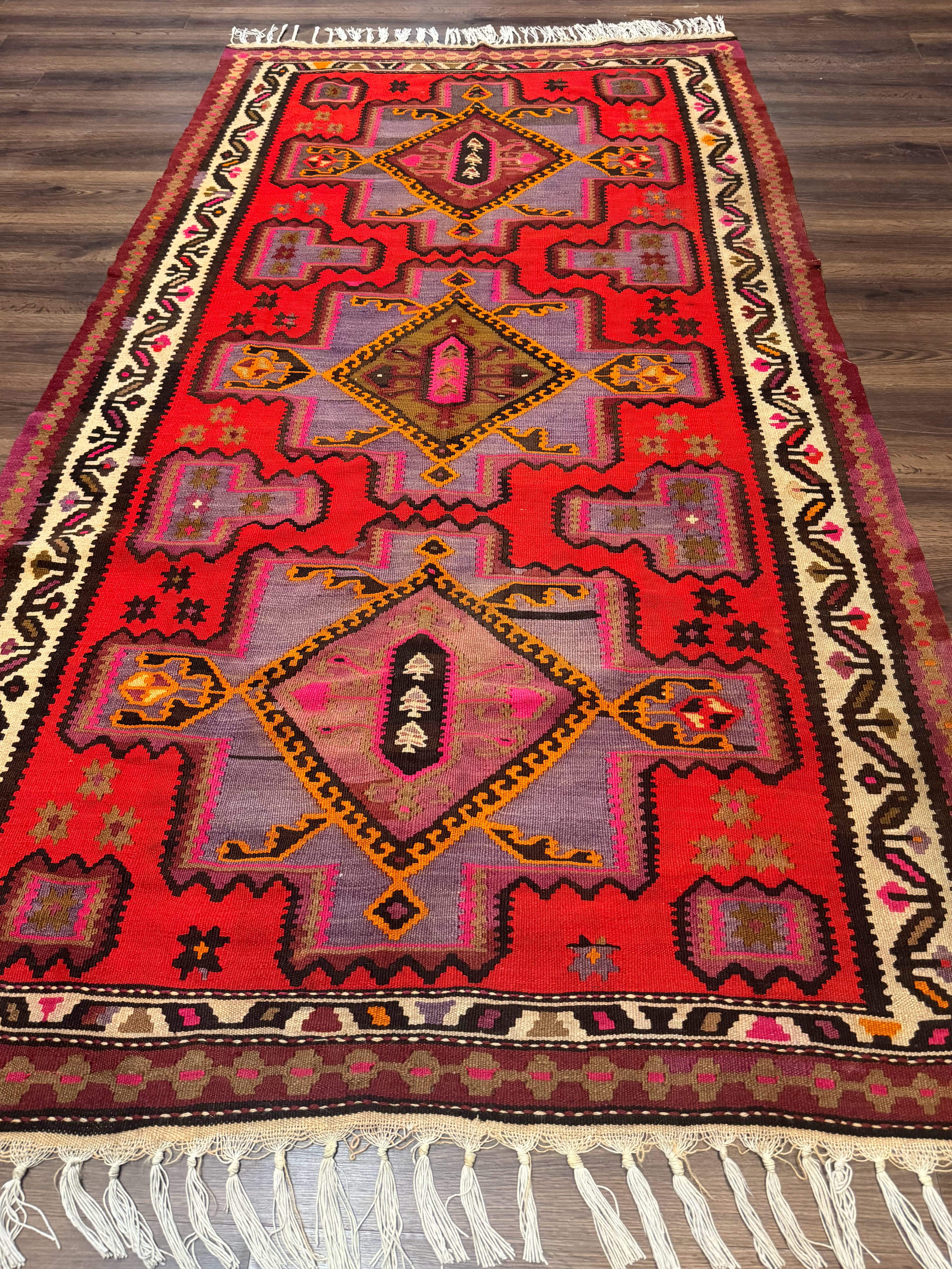 Persian Kurdish Zarand Kilim Rug 5x9, Red, Geometric Medallions, Wide Runner - Jewel Rugs