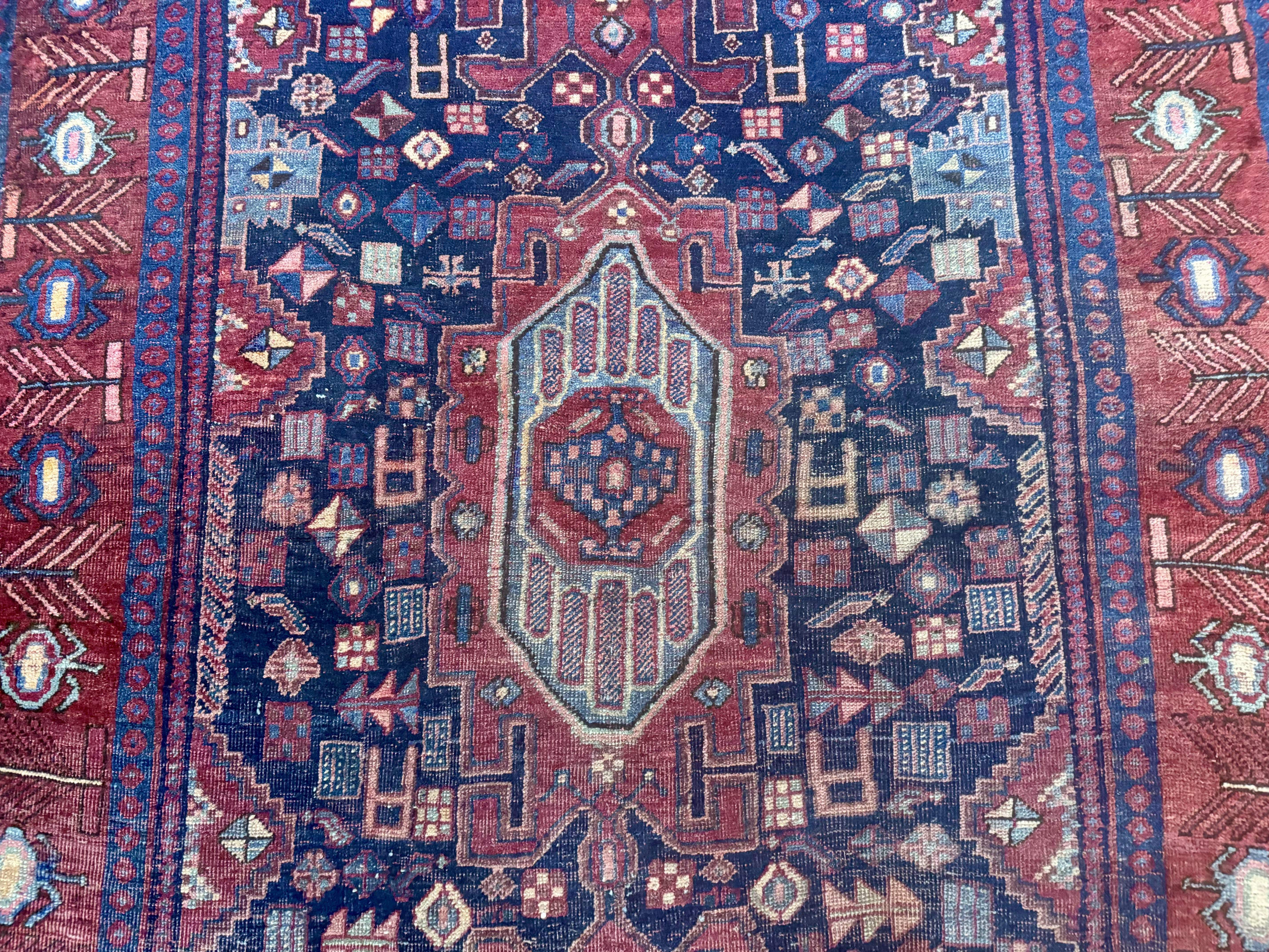 Persian Kurdish Bidjar Runner Rug 4x10 – Navy and Red, Wool Antique Tribal Carpet - Jewel Rugs
