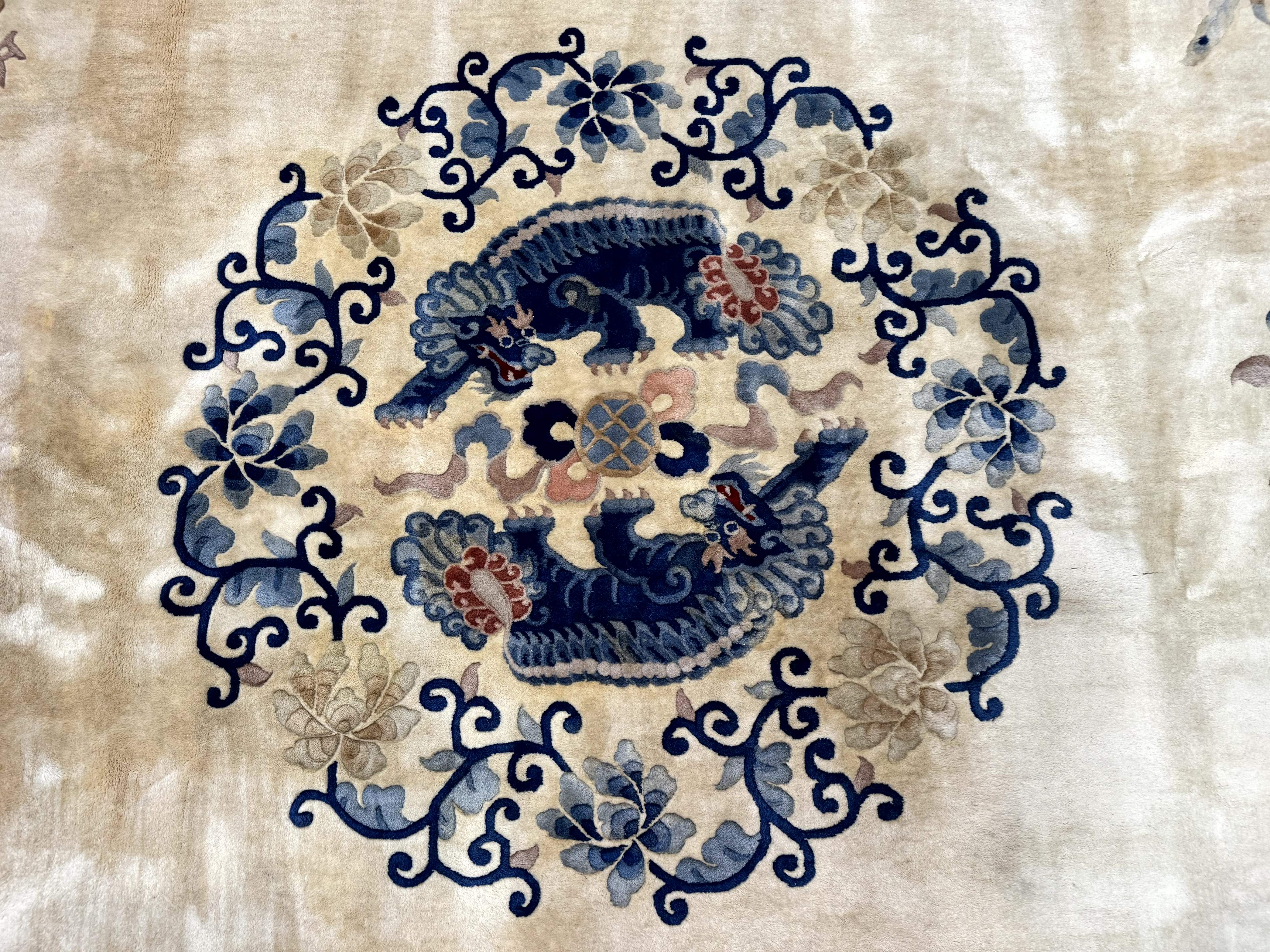 Palace Size Chinese Wool Rug 12x19 – Ivory and Blue, Dragons, Vintage Carpet - Jewel Rugs