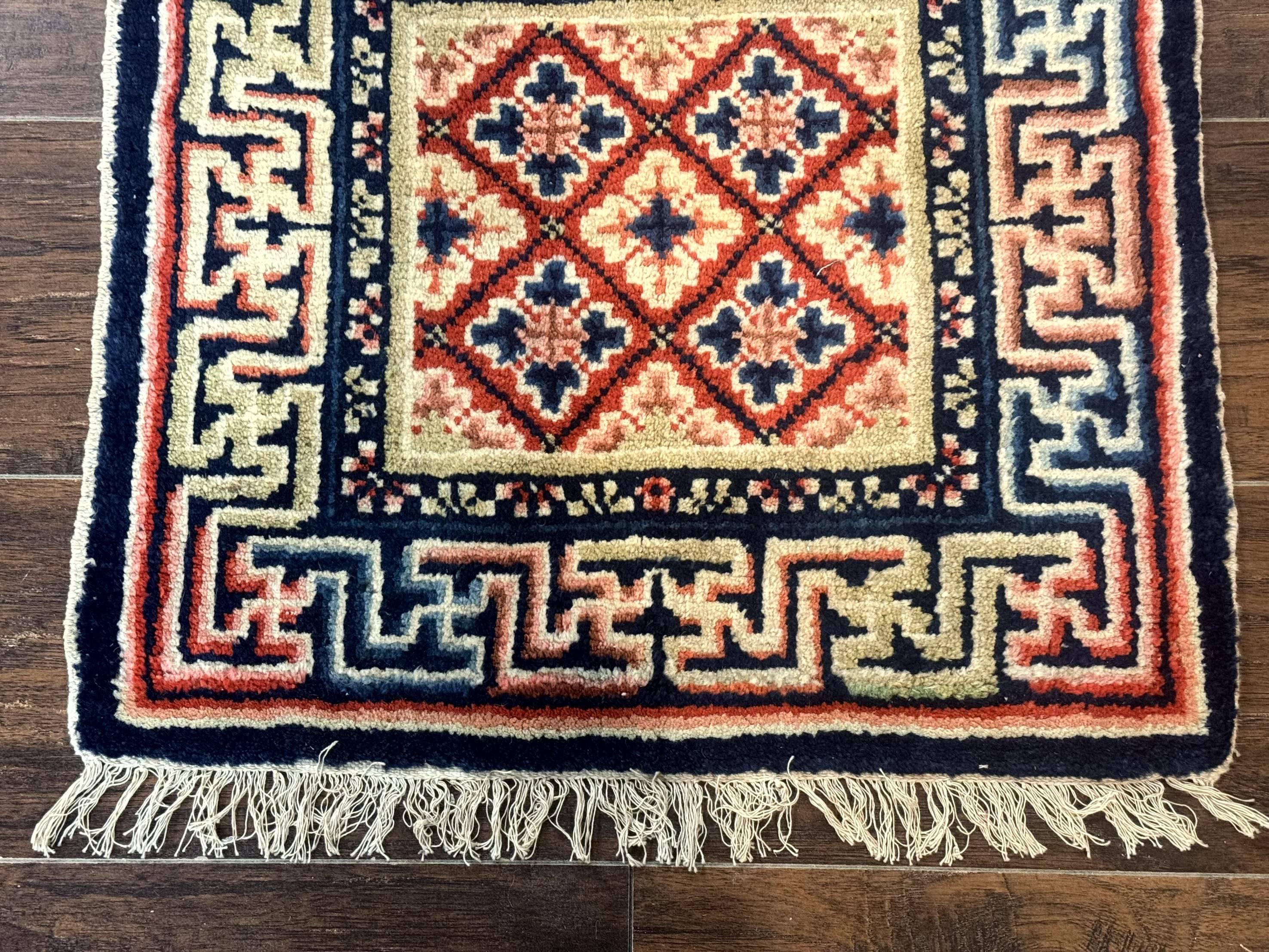 Small Antique Chinese Rug 2x2, Red Blue Square Rug Mat, Handmade, Tibetan Rug - Jewel Rugs