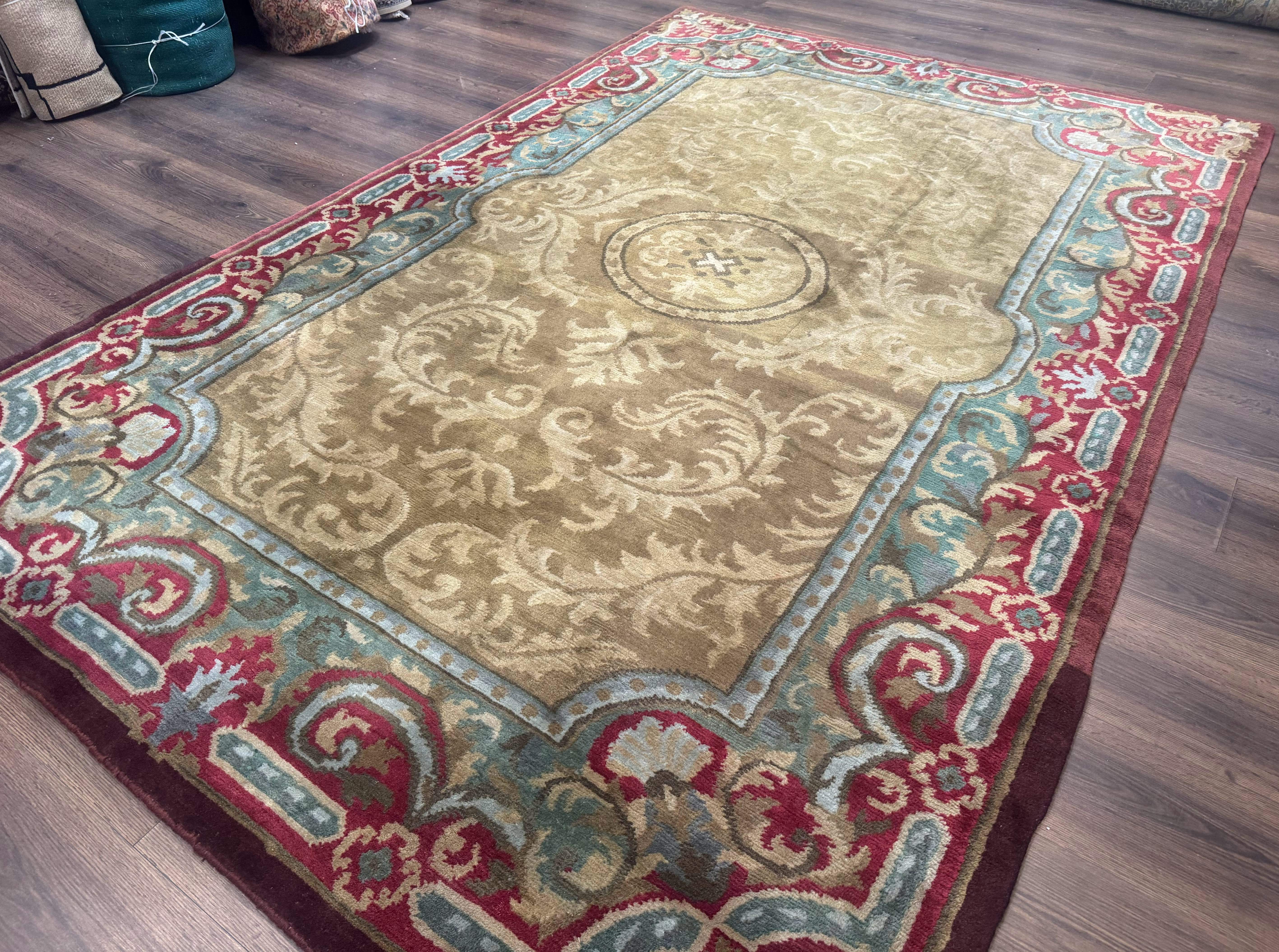 Tibetan Aubusson Rug 6x9, Gold-Beige, Soft Wool Pile, Handmade - Jewel Rugs