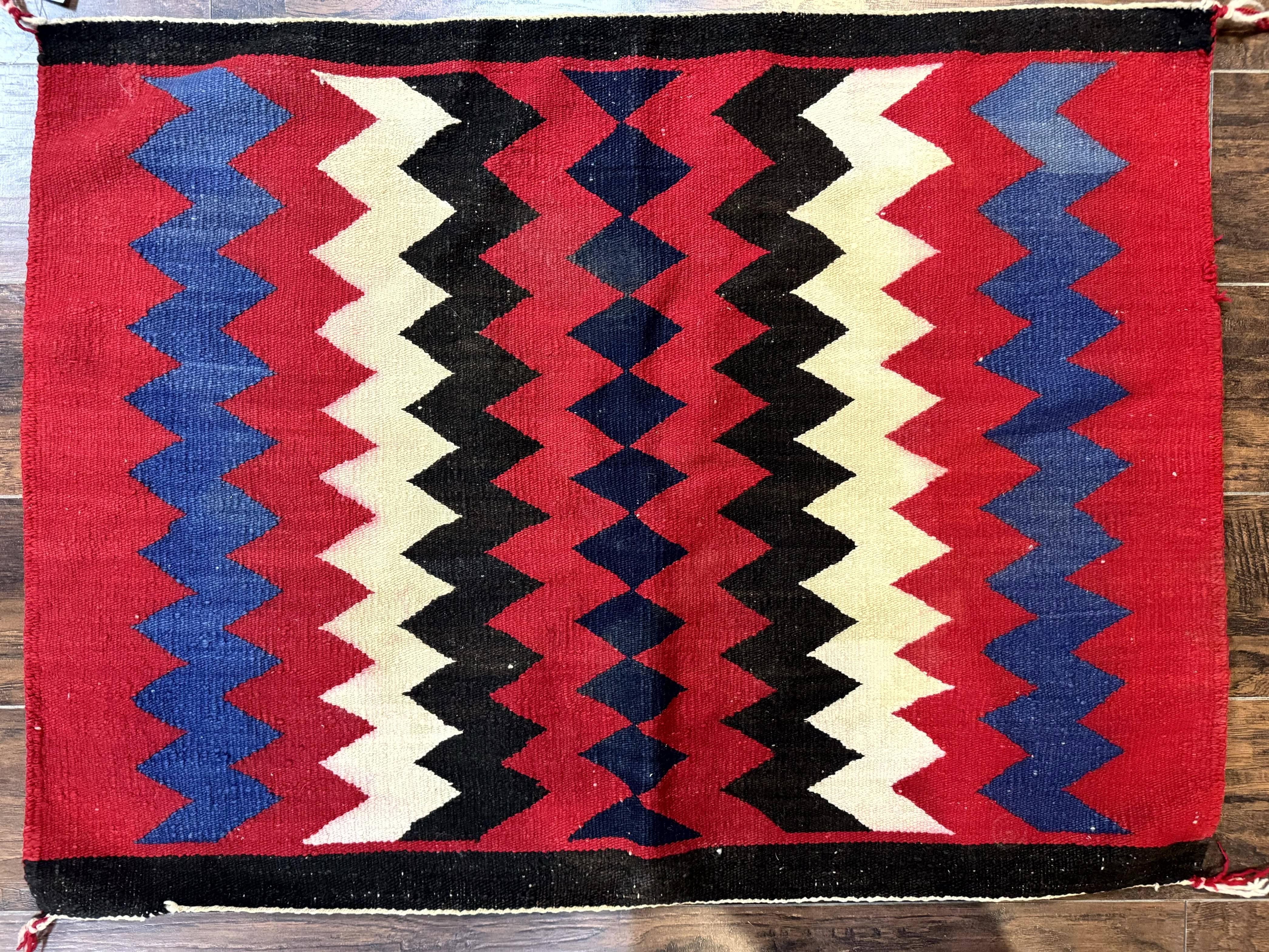 Antique Navajo Rug 3.7 x 2.8, Red Ivory Blue, Zig Zag Pattern, Handmade, Wool - Jewel Rugs