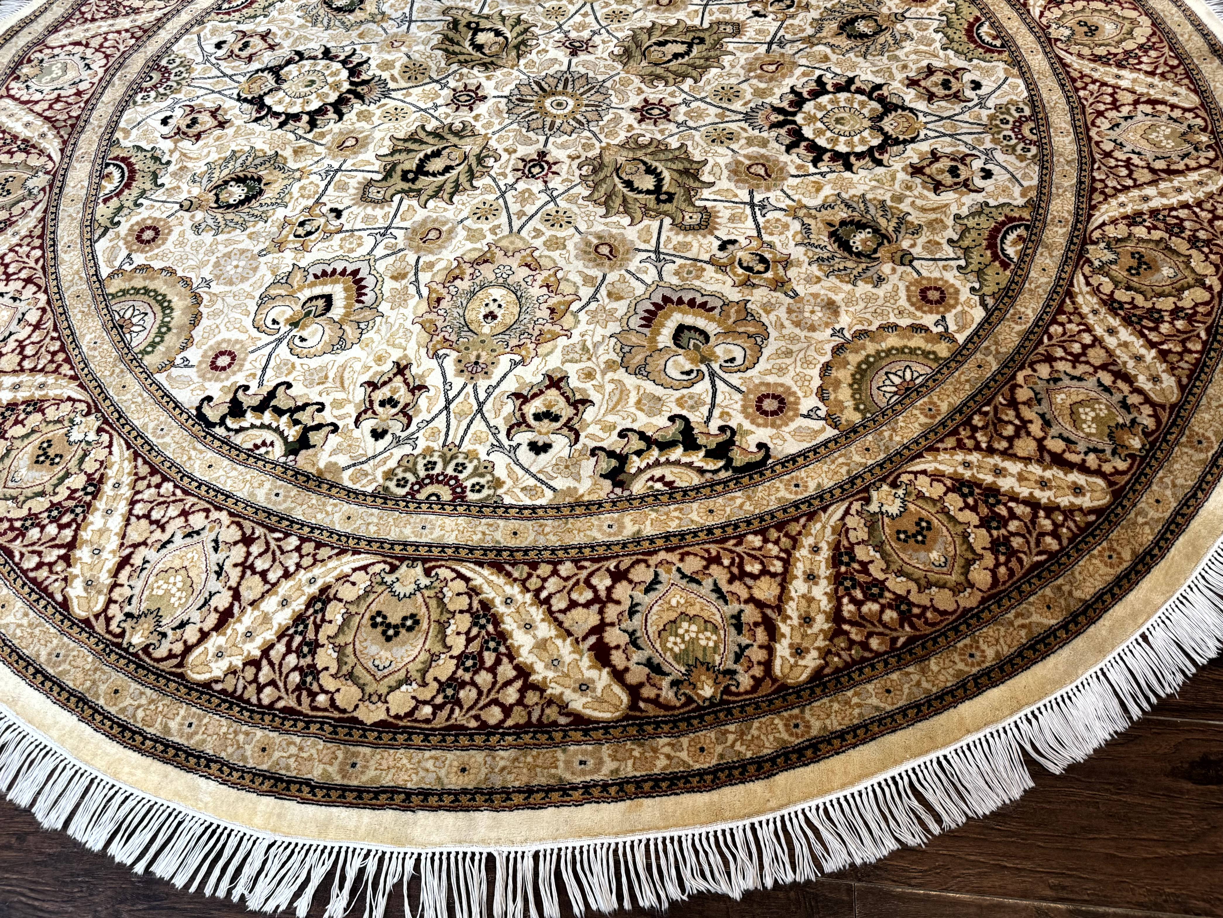 Round Pak Persian Rug 8x8, Vintage Handmade Wool Traditional Carpet, Beige Dark Red, Fine 270 KPSI - Jewel Rugs