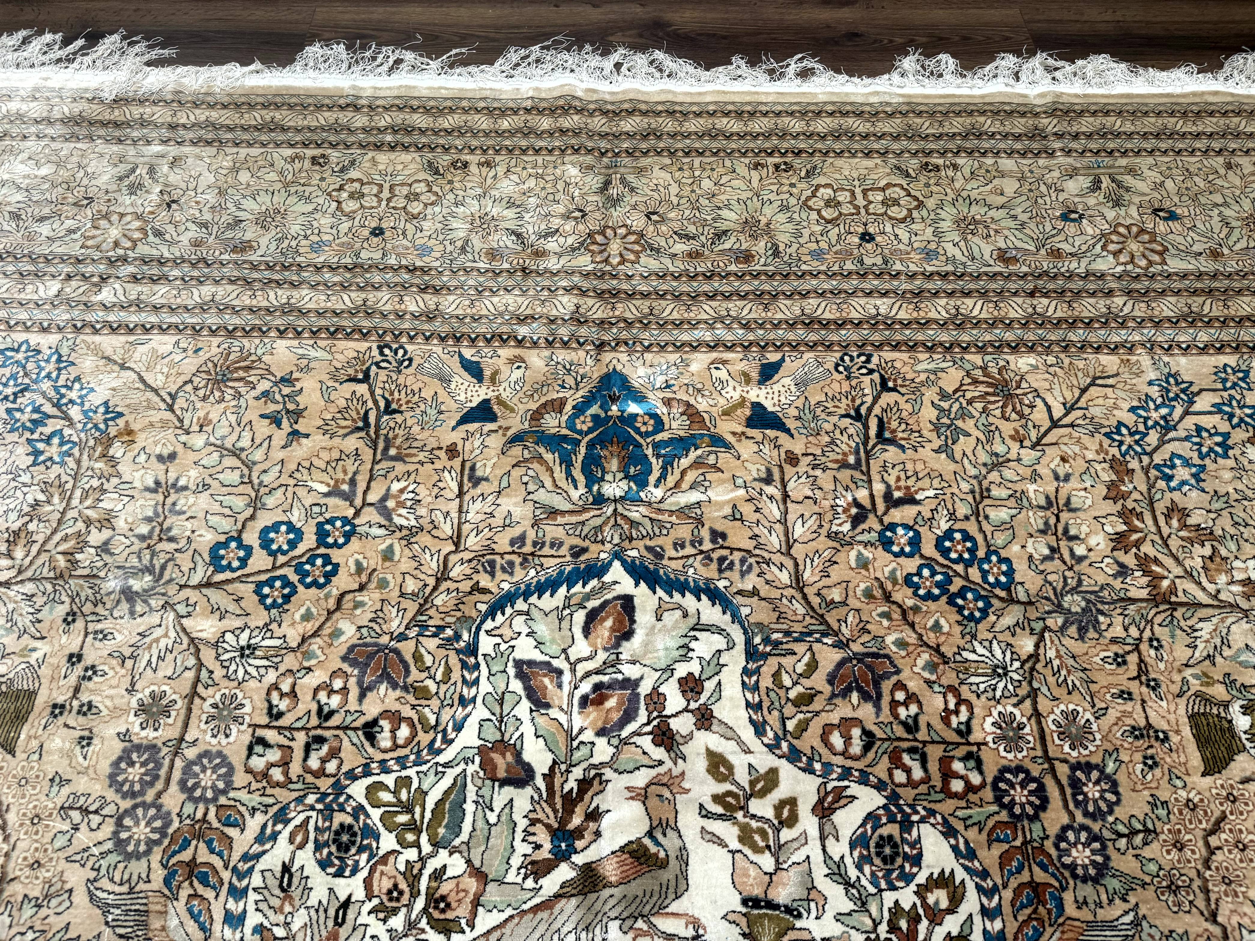 Indian Kashmiri Rug 9x14 Tree of Life Silk on Silk Animal Pictorials - Jewel Rugs