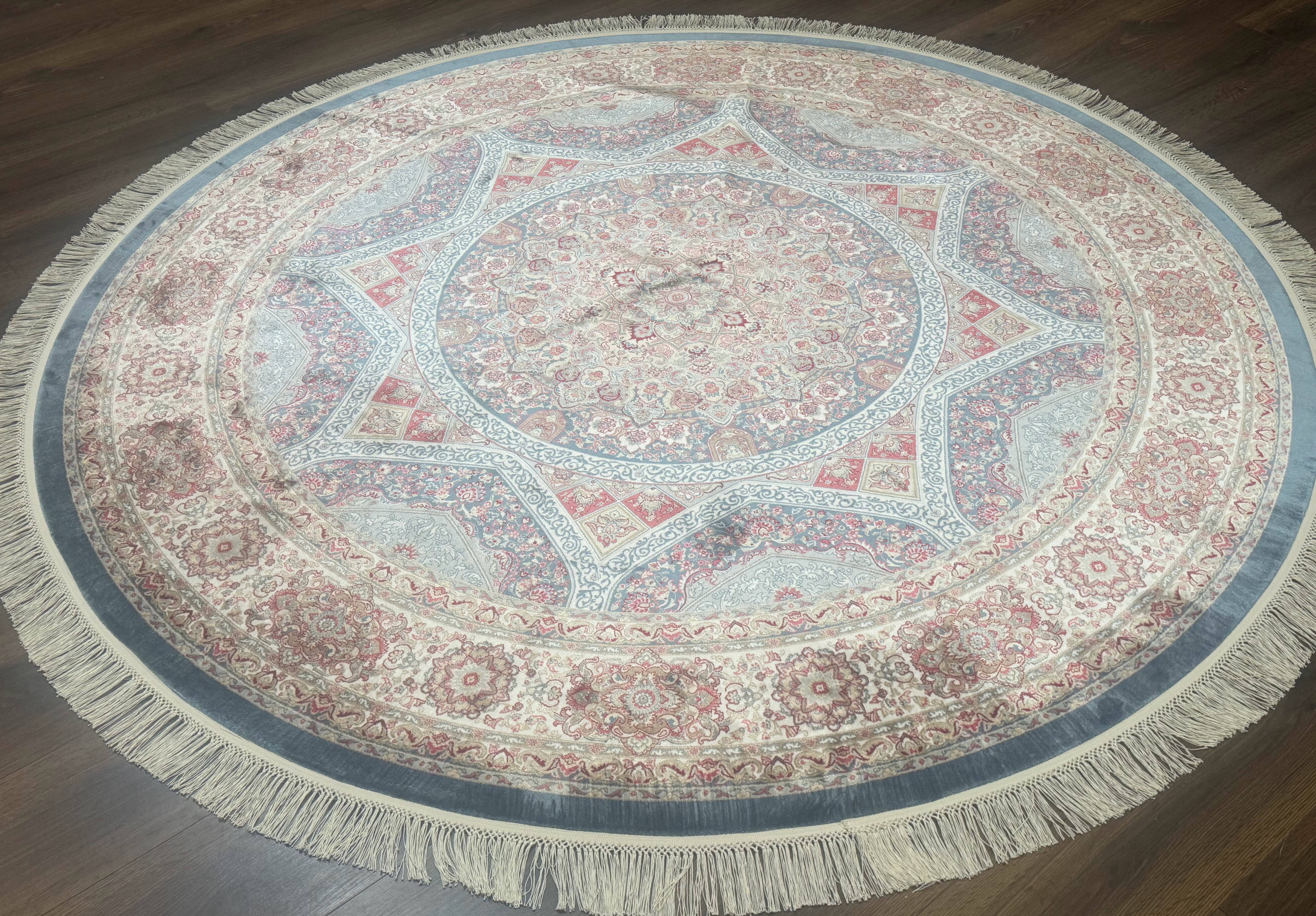 Round Silk Rug 6x6, Blue and Ivory, Turkish Silk Carpet, Bamboo Silk - Jewel Rugs