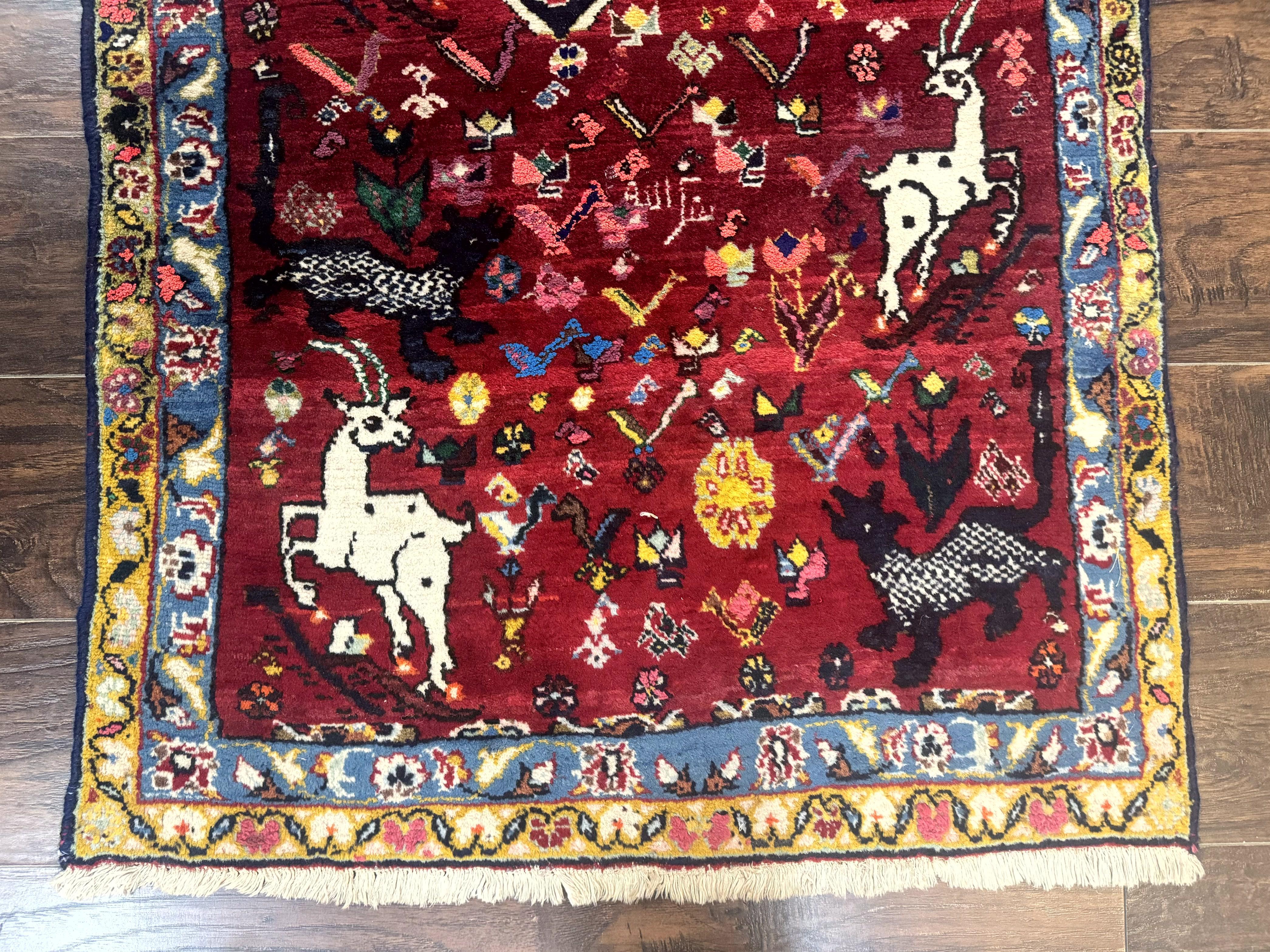 Persian Gabbeh Rug 3x5, Animal Pictorials, Wool and Silk, Handmade Vintage Small Rug, Red - Jewel Rugs