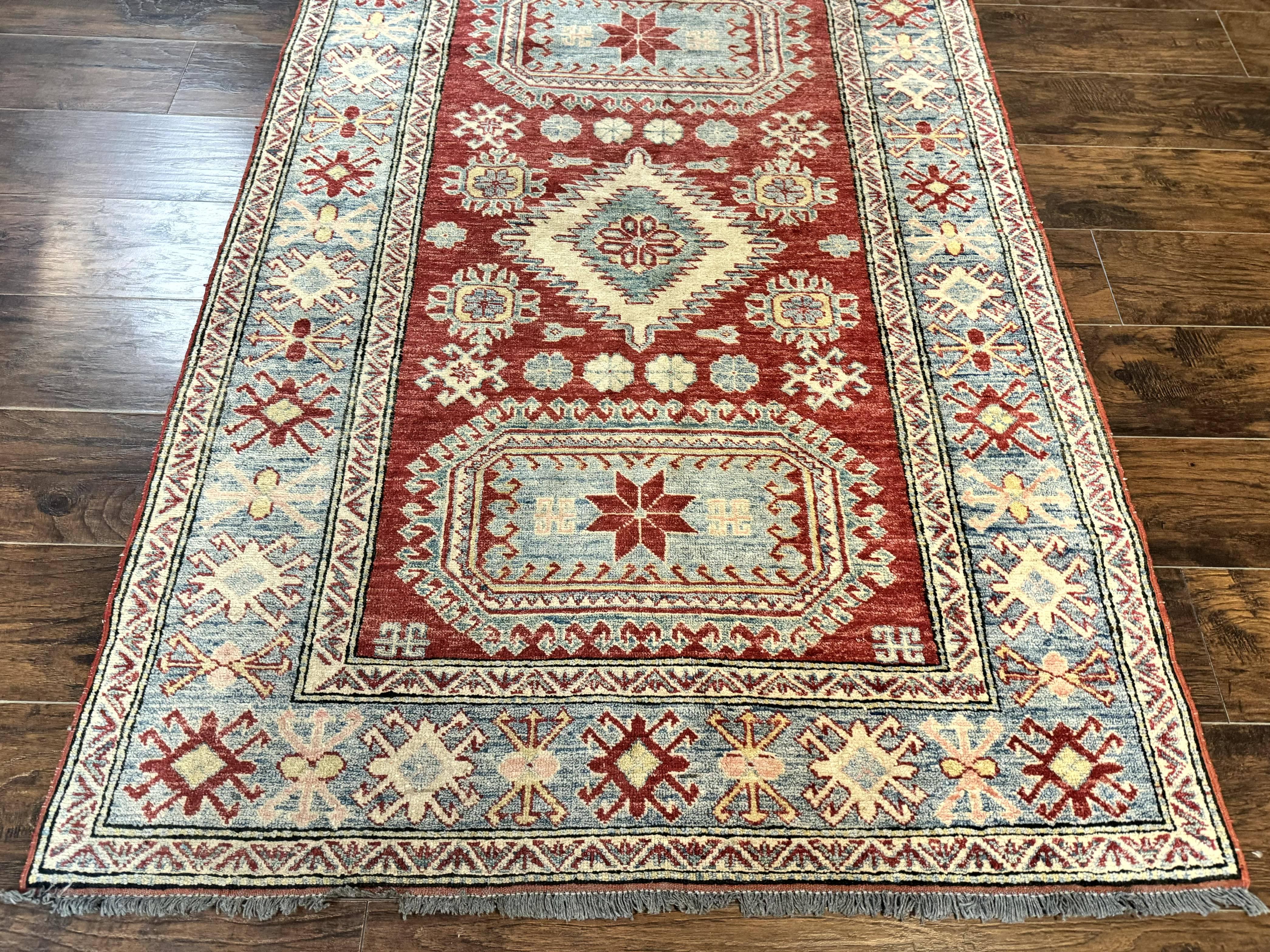 Turkish Kazak Rug 4x6, Handmade Vintage Wool Carpet, Geometric Design, Red and Light Blue - Jewel Rugs