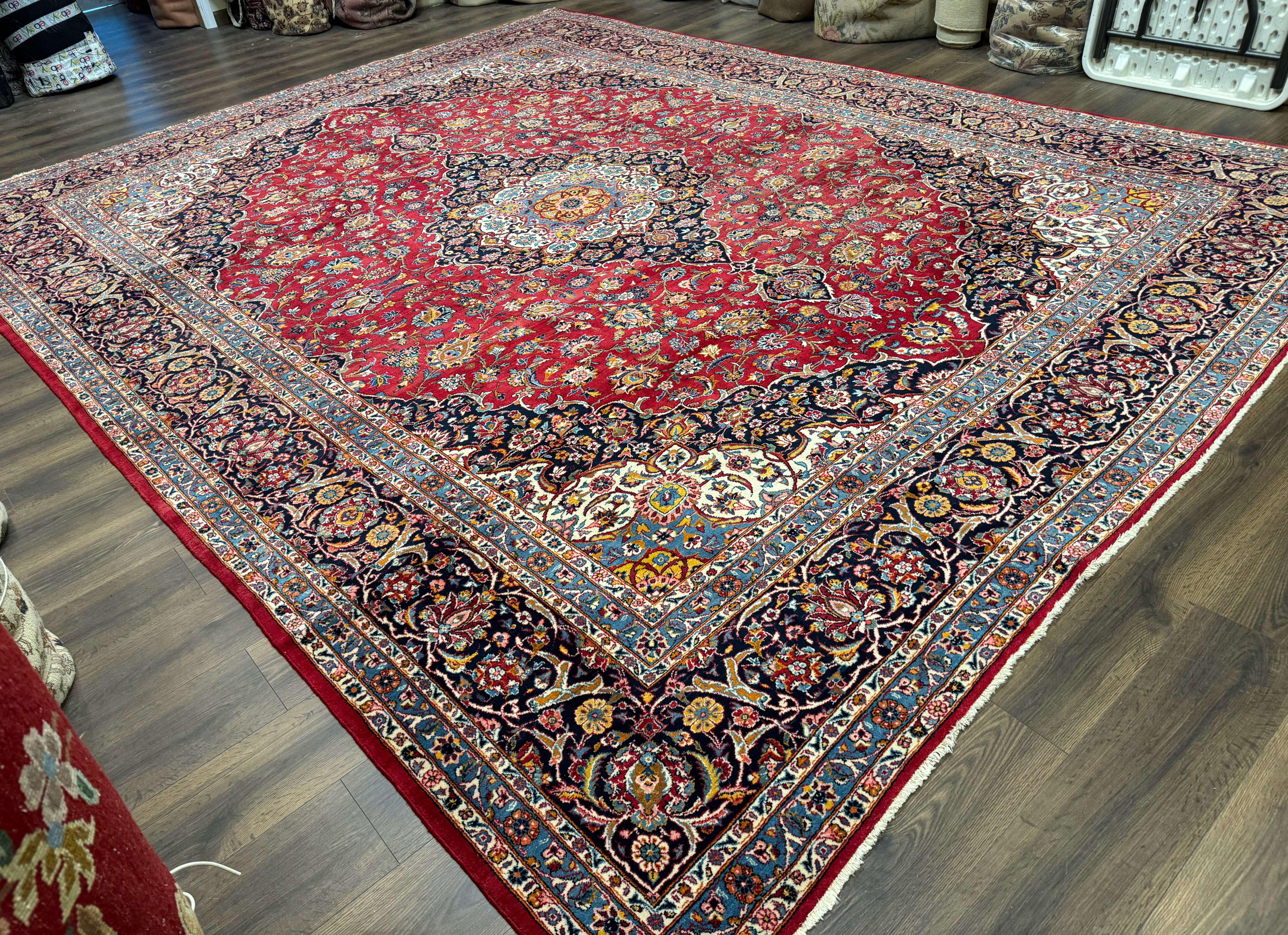 Large Persian Kashan Rug 11x14, Traditional Persian Carpet, Wool, Fine 250 KPSI, Red Navy Blue - Jewel Rugs