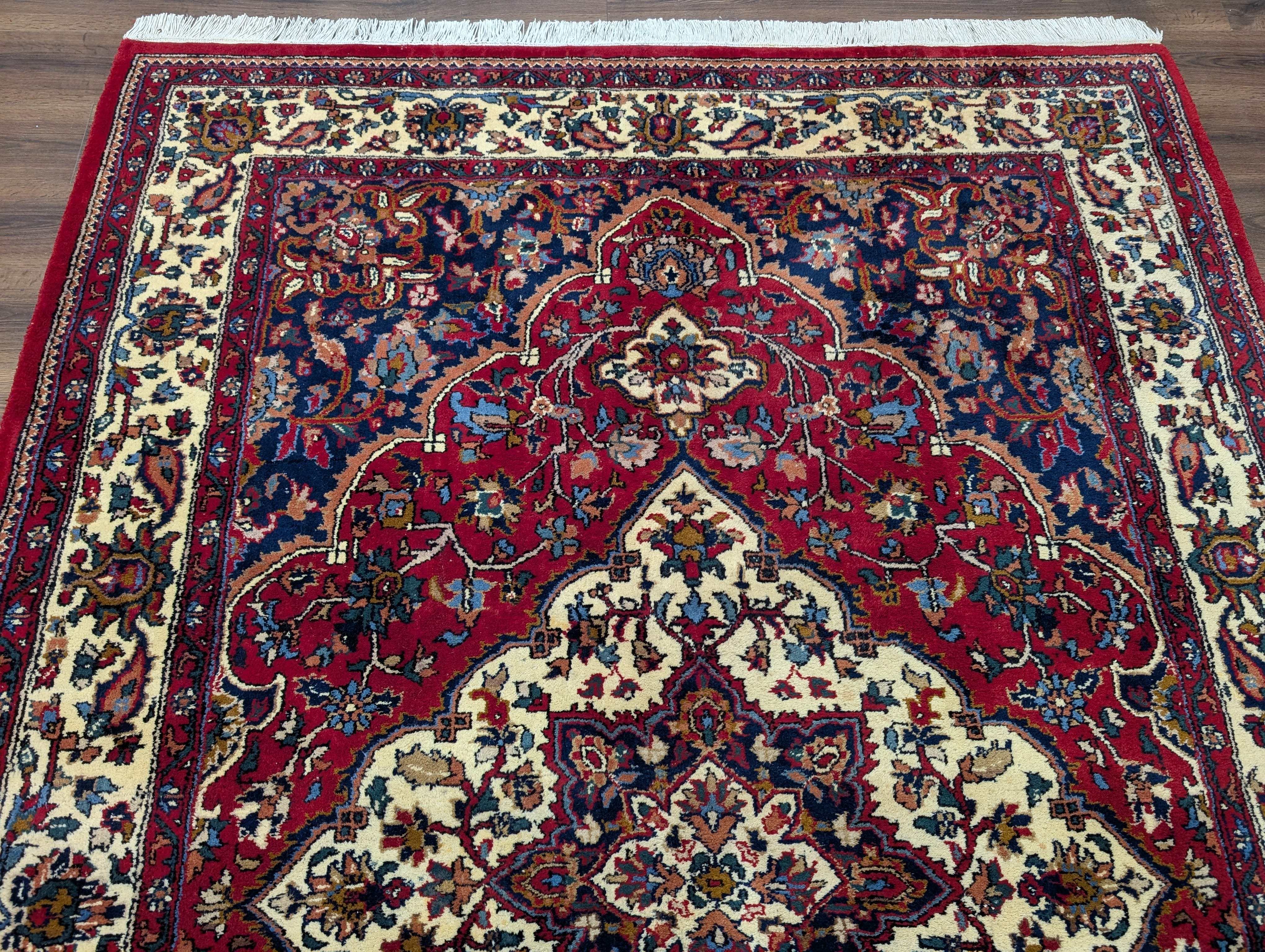 Indo Persian Rug 7x10, Floral Medallion Hand-Knotted Wool Carpet, Red Ivory Navy - Jewel Rugs