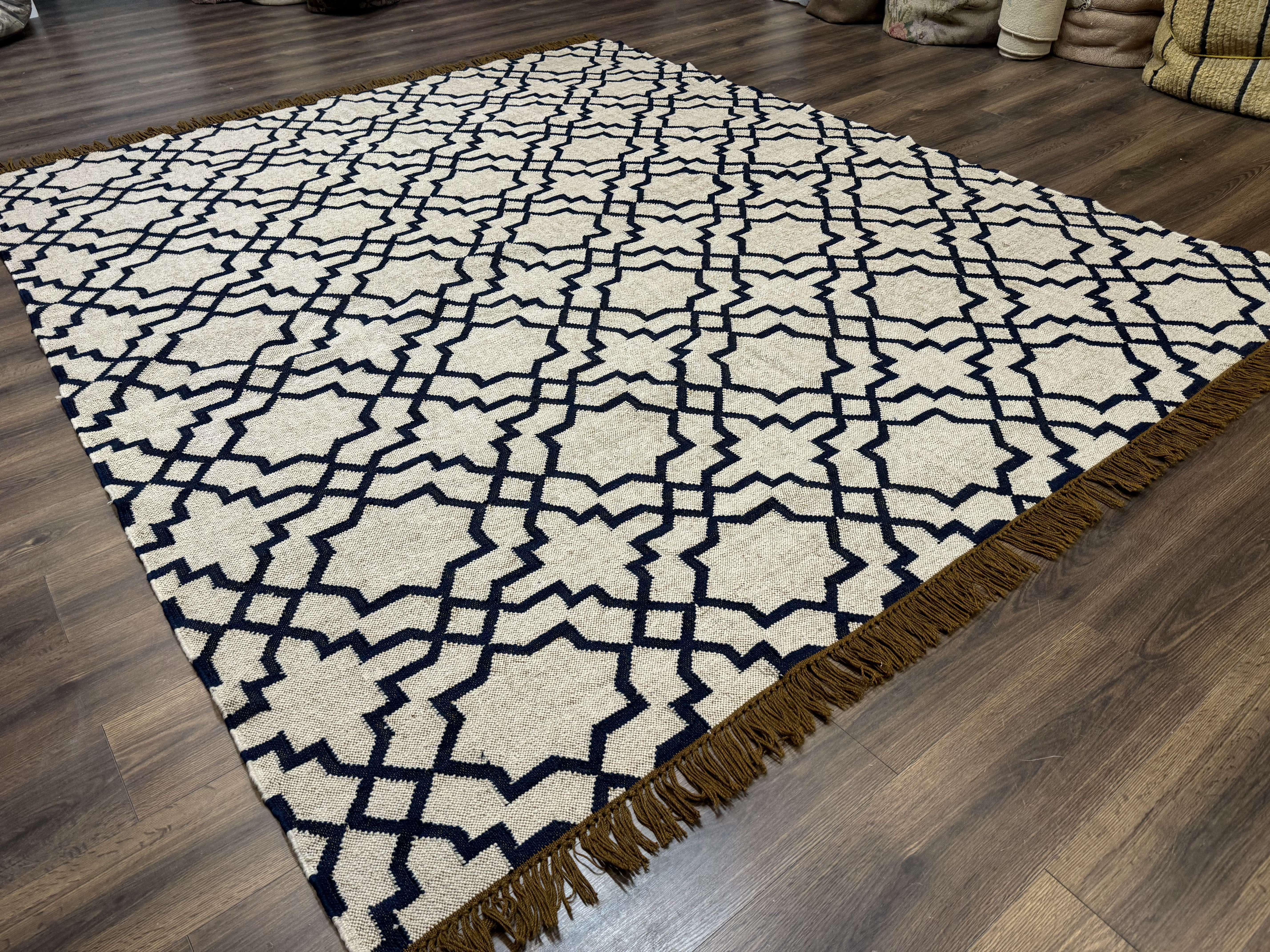 Indian Kilim Rug 8x10, Oat and Navy Blue, Dhurrie Carpet, Handmade, Wool - Jewel Rugs