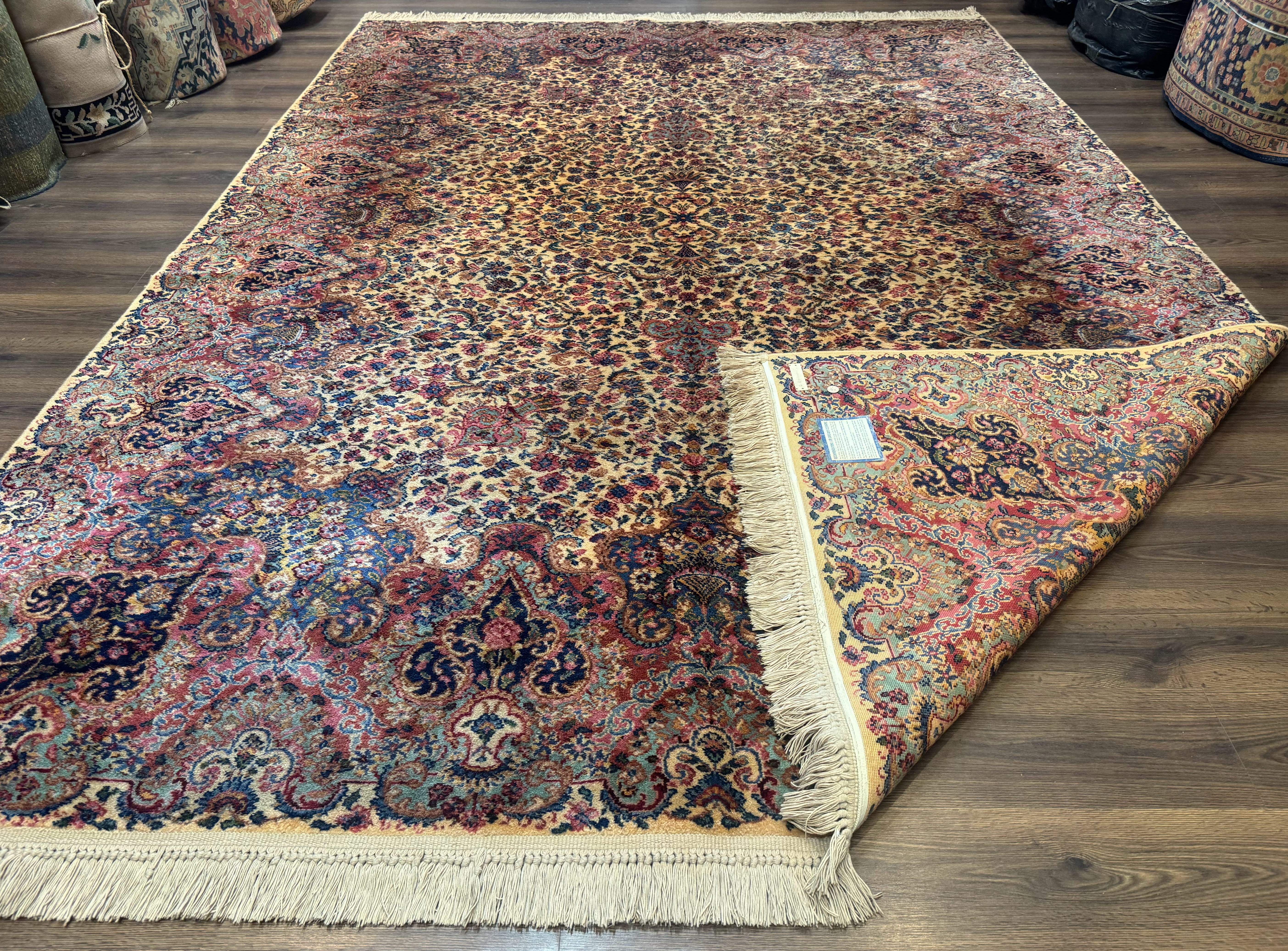 Karastan Ivory Floral Kirman Rug 8.8 x 12, Wool Vintage Discontinued - Jewel Rugs