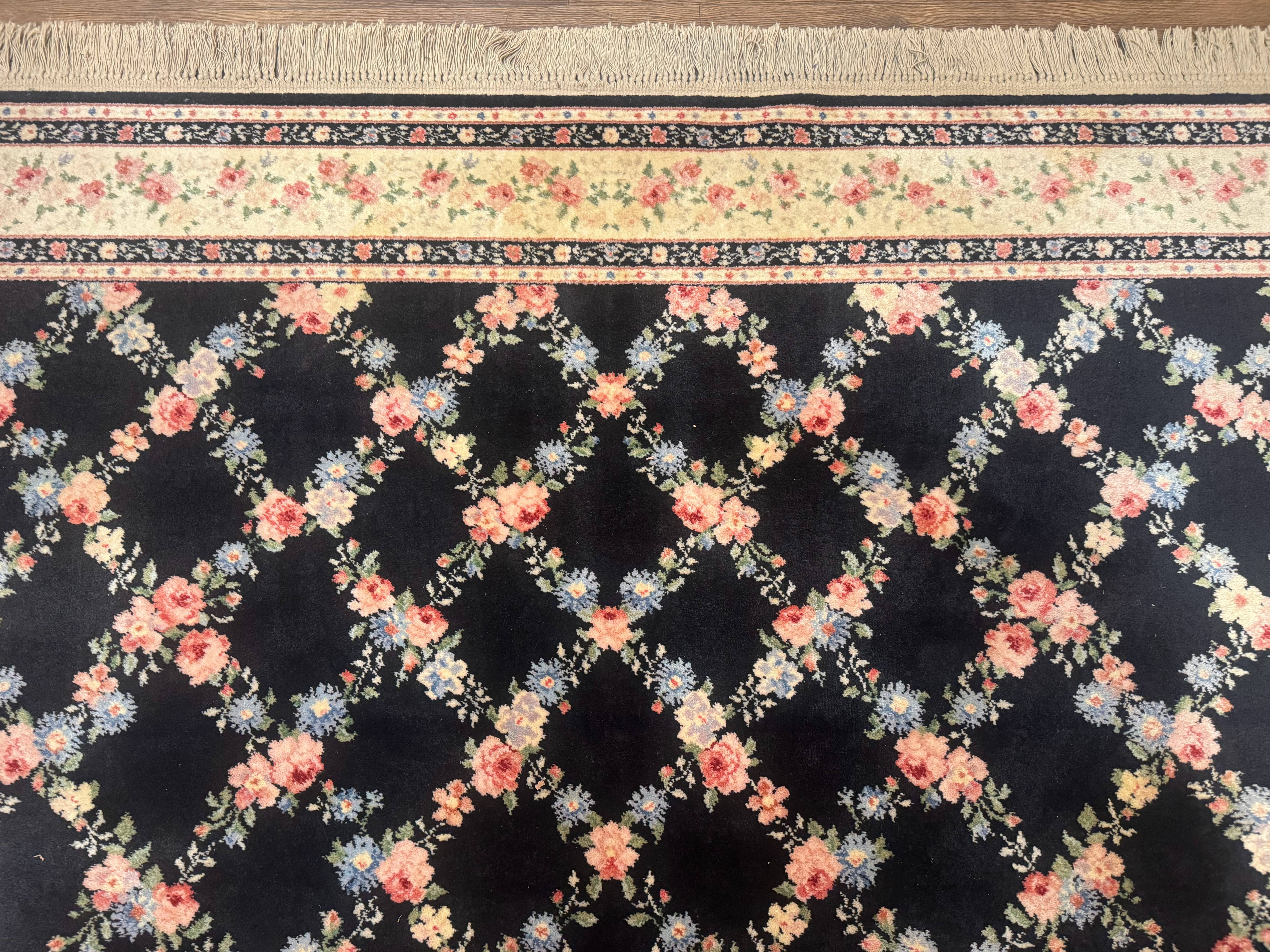8.8 x 12 Karastan Garden of Eden Rug, Ebony Trellis #509/1270, Black, Floral, Wool Pile, Vintage, Discontinued - Jewel Rugs
