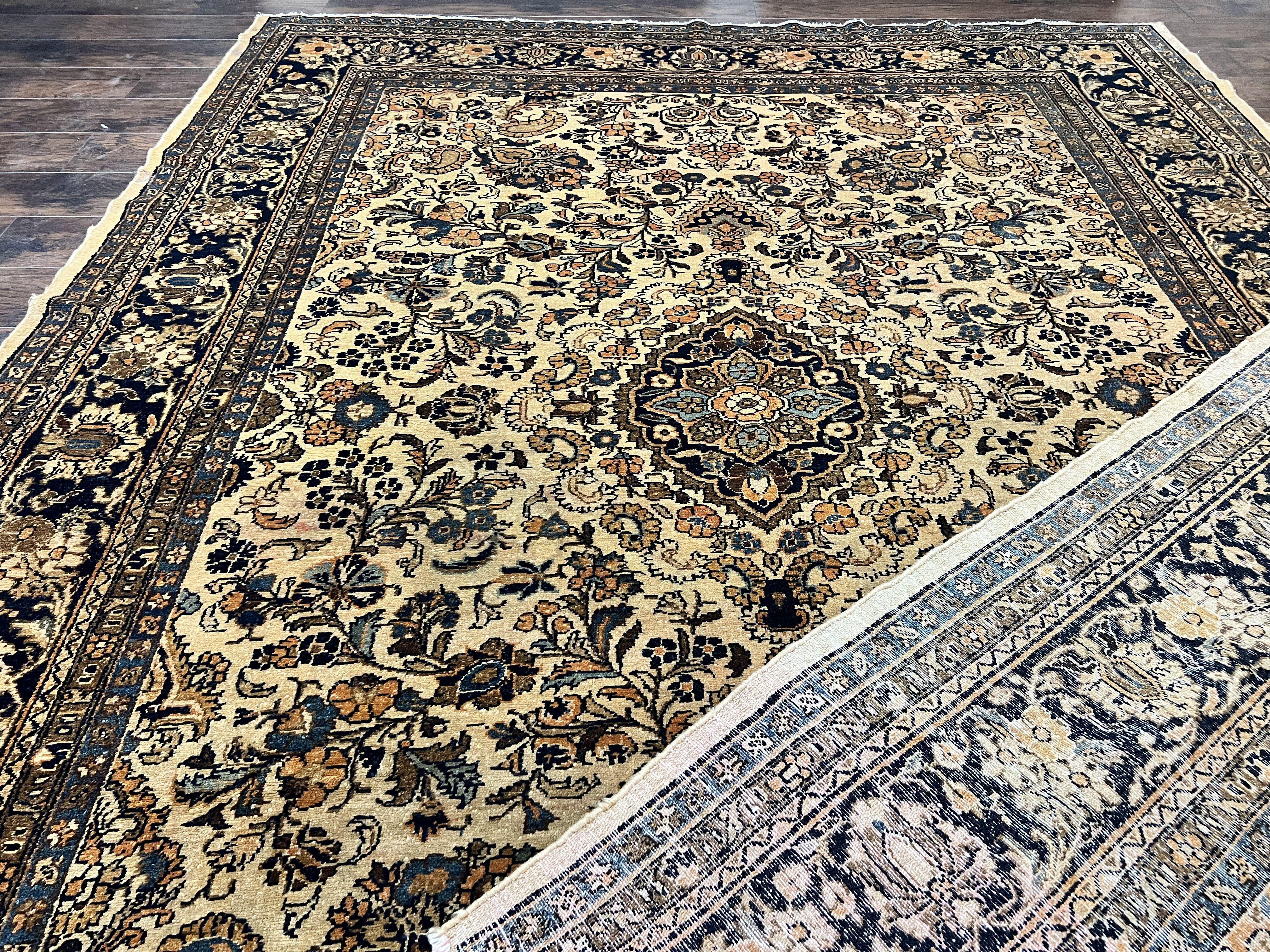 Antique Persian Rug 9x11, Wool Handmade 1920s Oriental Carpet, Persian Hamadan Anjelas Rug, Cream Black, Floral Allover Oriental Rug 9 x 11 Room Sized Rug - Jewel Rugs