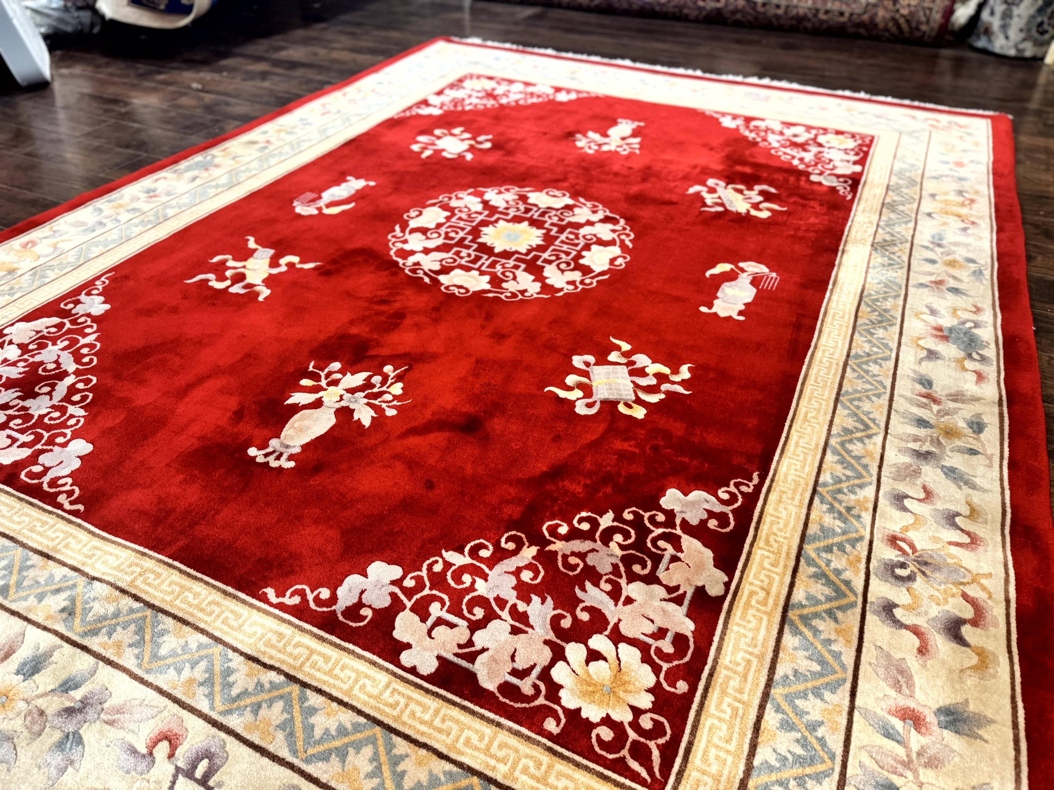 Chinese Wool Rug 8.6 x 11, Red and Beige Asian Oriental Carpet, Plush Pile, Vintage Handmade Chinese Carving Sculpted Rug, Semi Open Field - Jewel Rugs