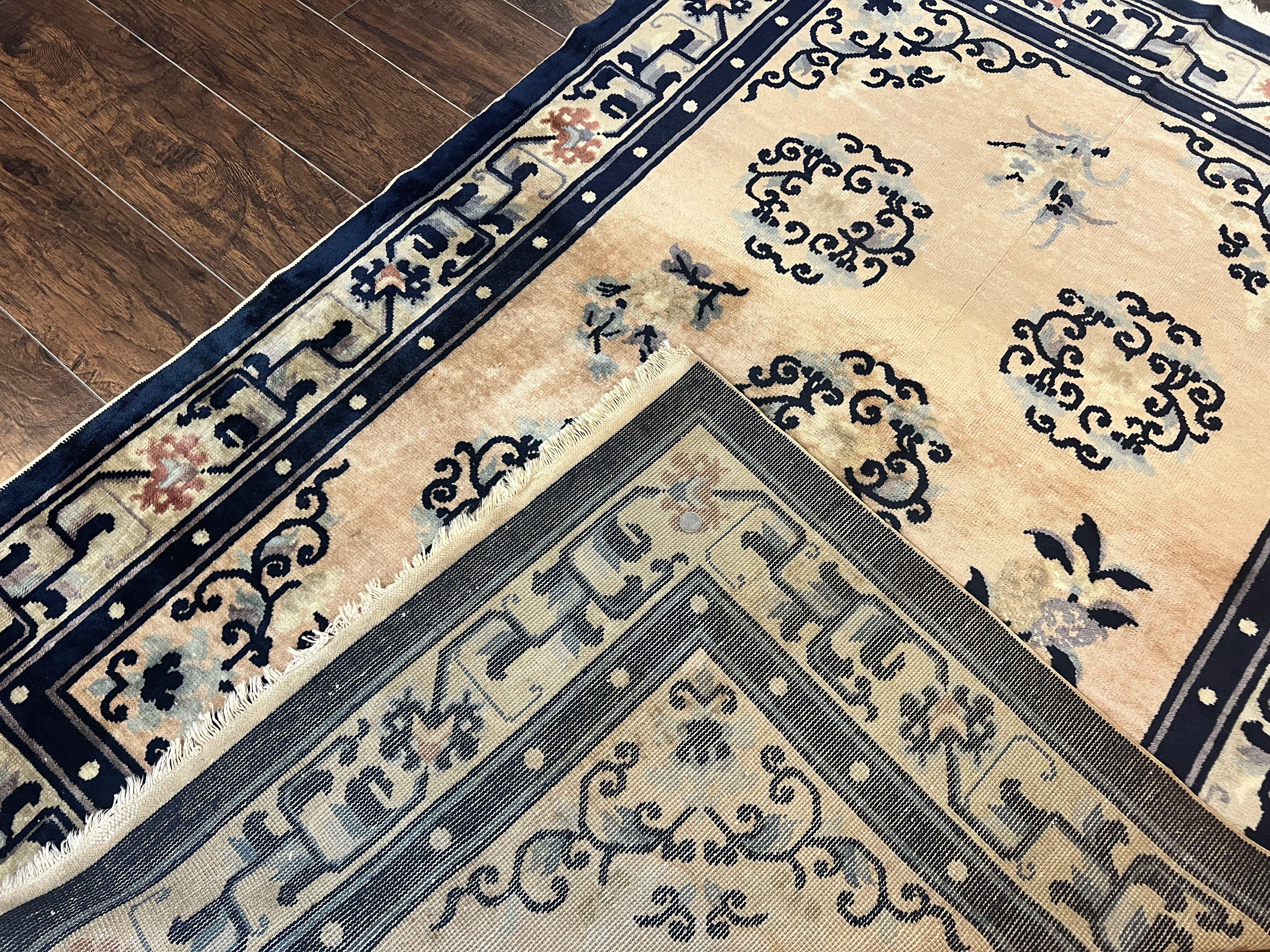 Chinese Peking Rug 4x6, Wool Hand Knotted Handmade Vintage Semi Antique Carpet, Semi Open Field, Light Peach & Navy Blue, Art Deco Rug - Jewel Rugs