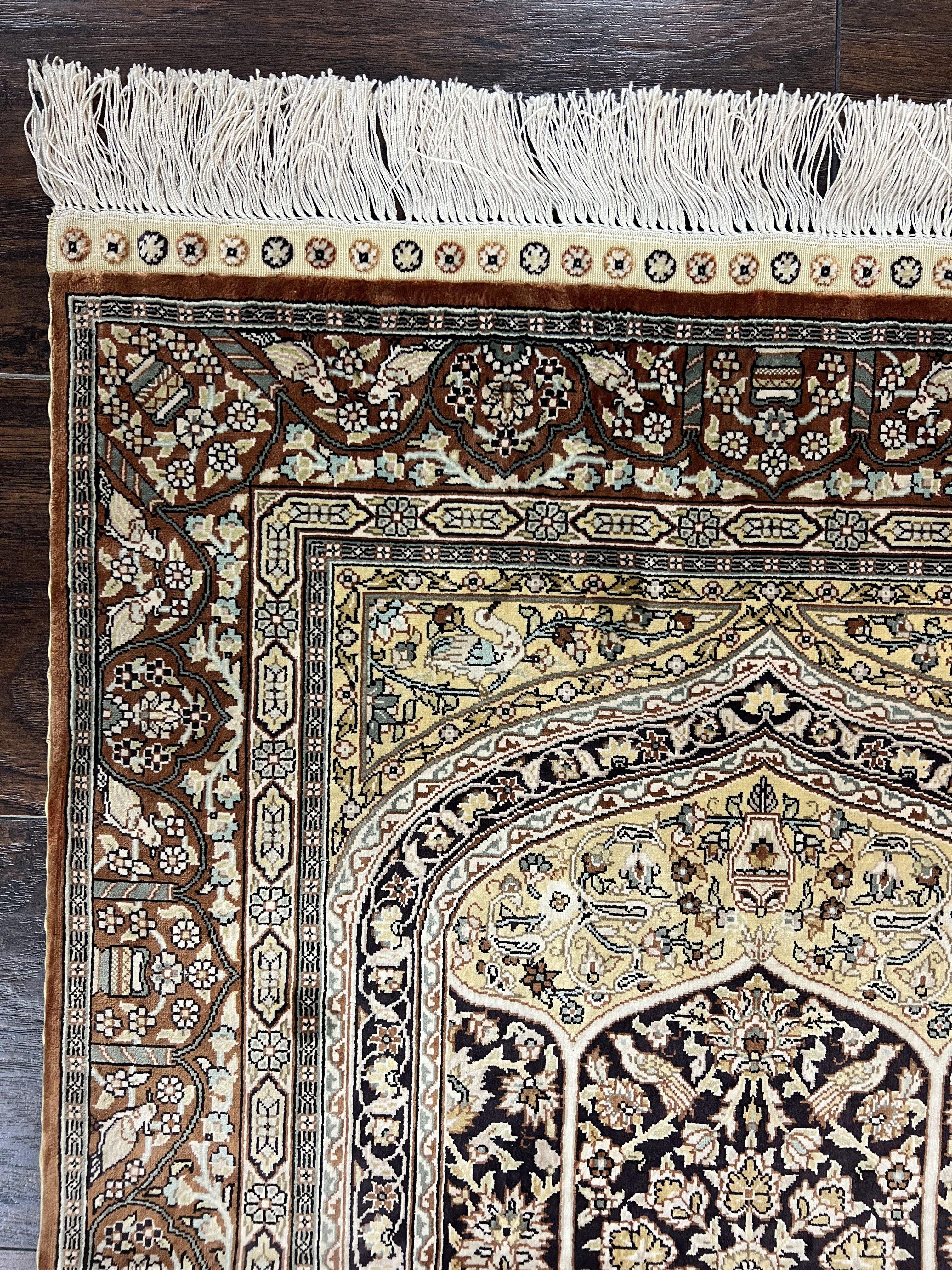 Turkish Silk Hereke Rug 2x3, Floral Vase Tree of Life Birds, Silk Pile on Silk Foundation, Vintage Oriental Carpet, Very Fine, Signature - Jewel Rugs