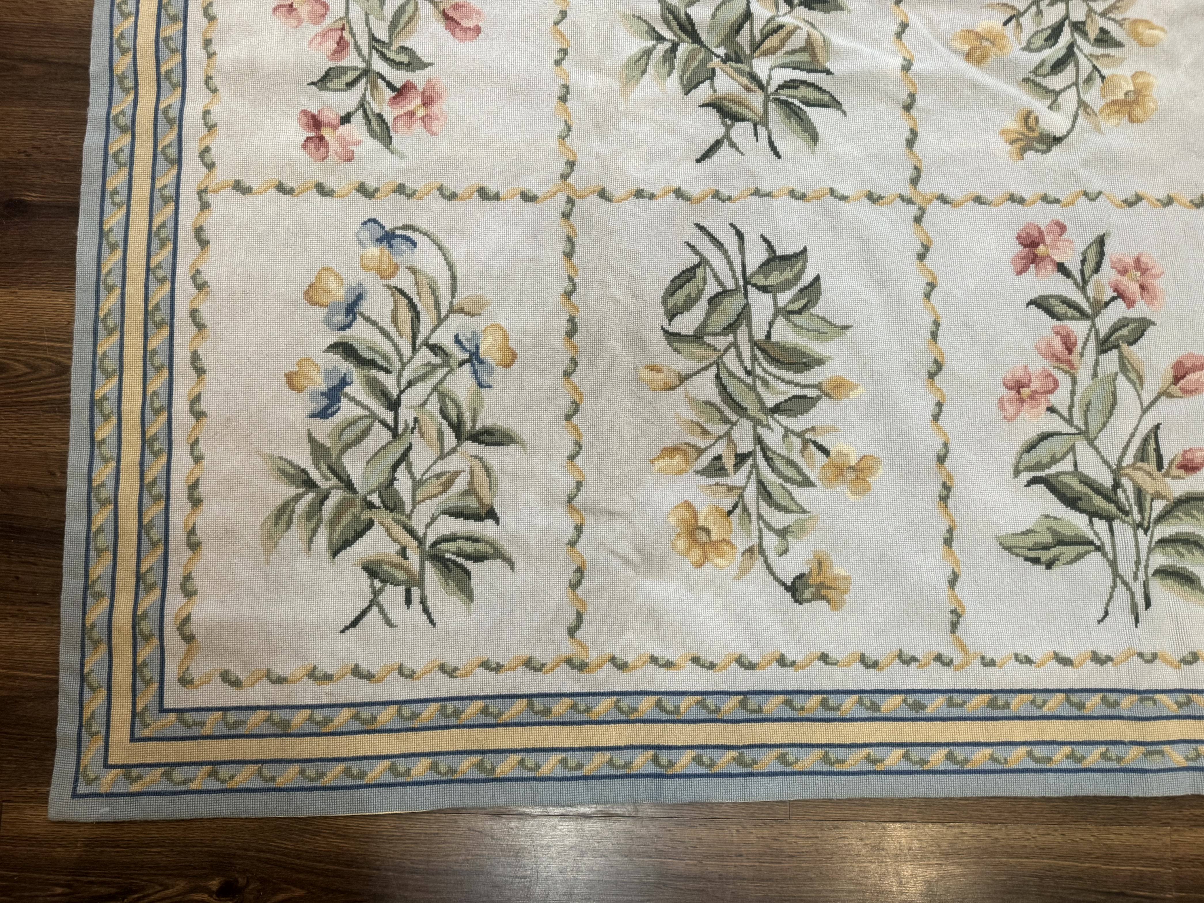 Needlepoint Rug 8x10, Vintage, Aubusson Panel Design, Floral, Wool - Jewel Rugs
