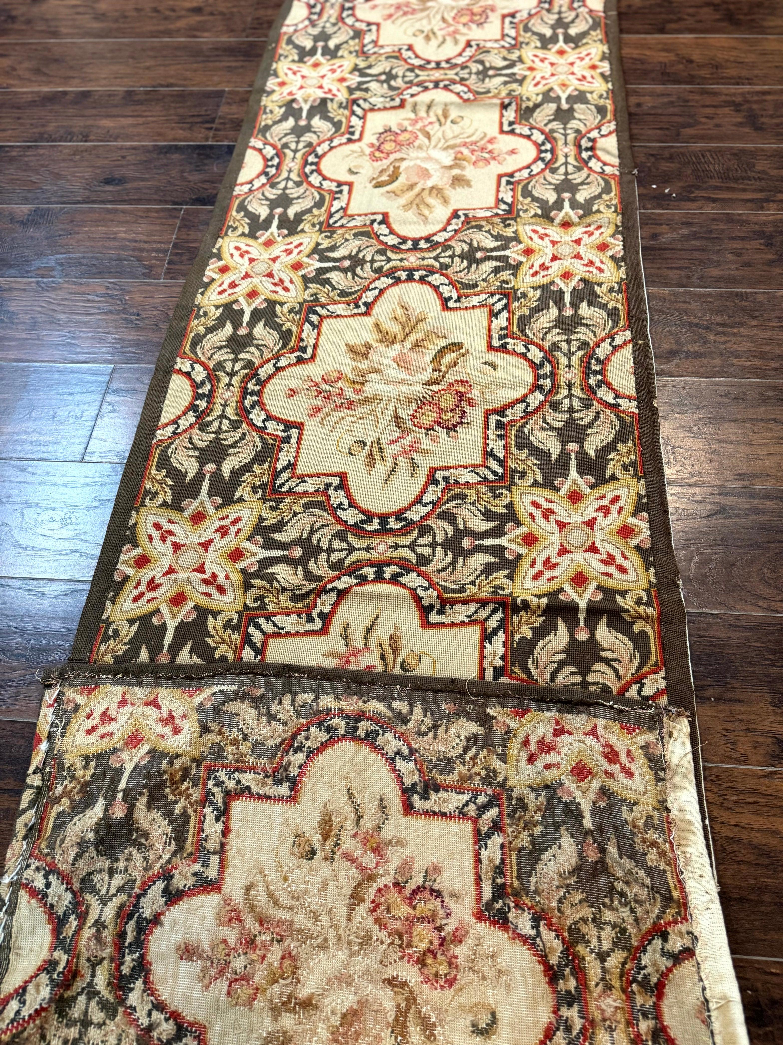 Needlepoint Runner Rug 2.7 x 9.7, European French Design, Wool, Handmade, Vintage - Jewel Rugs