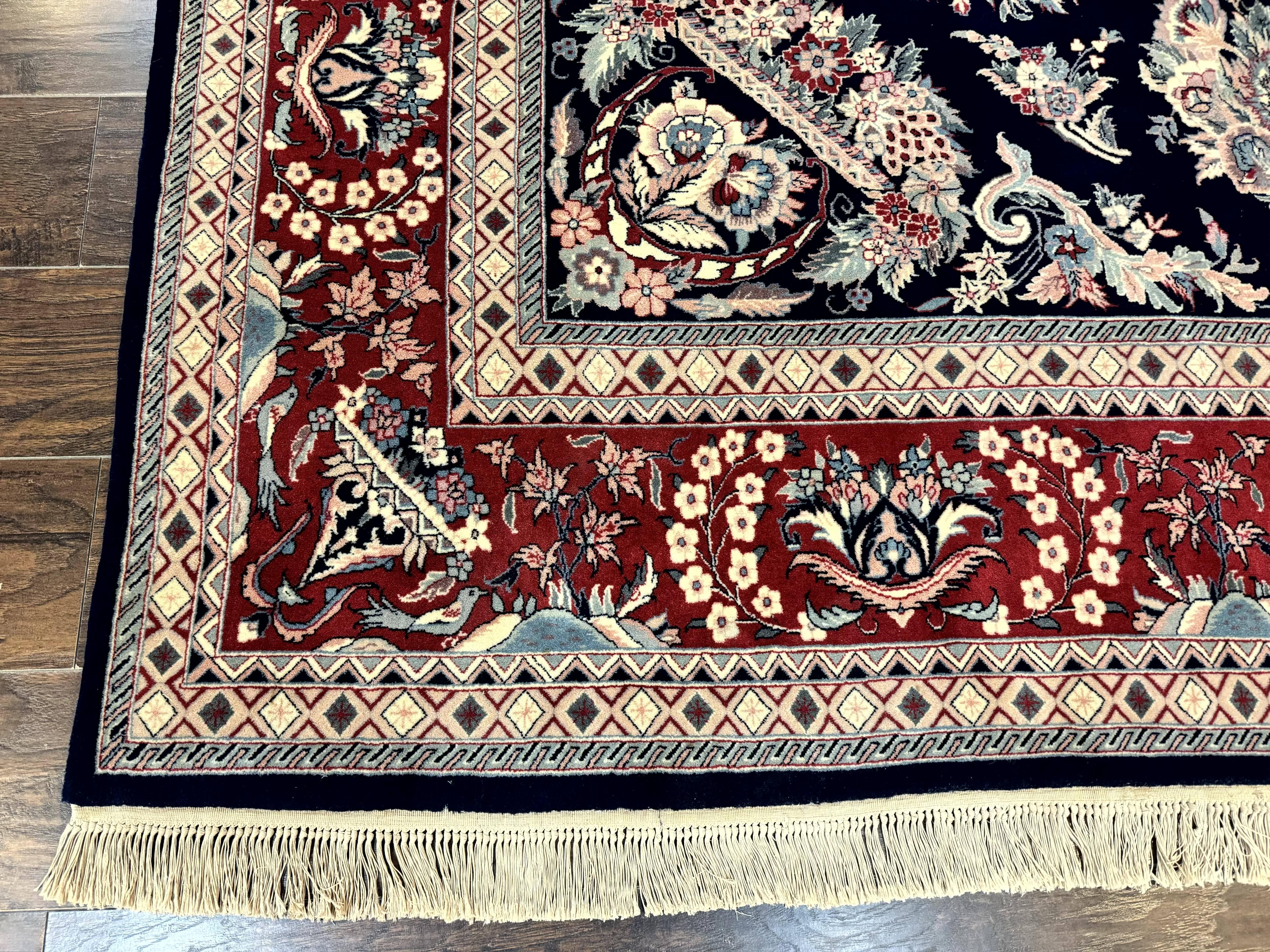Sino Persian Rug 8x10, Floral Kirman Carpet, Navy Blue and Red, Floral Vases, Handmade Vintage Wool Carpet, 320 KPSI - Jewel Rugs