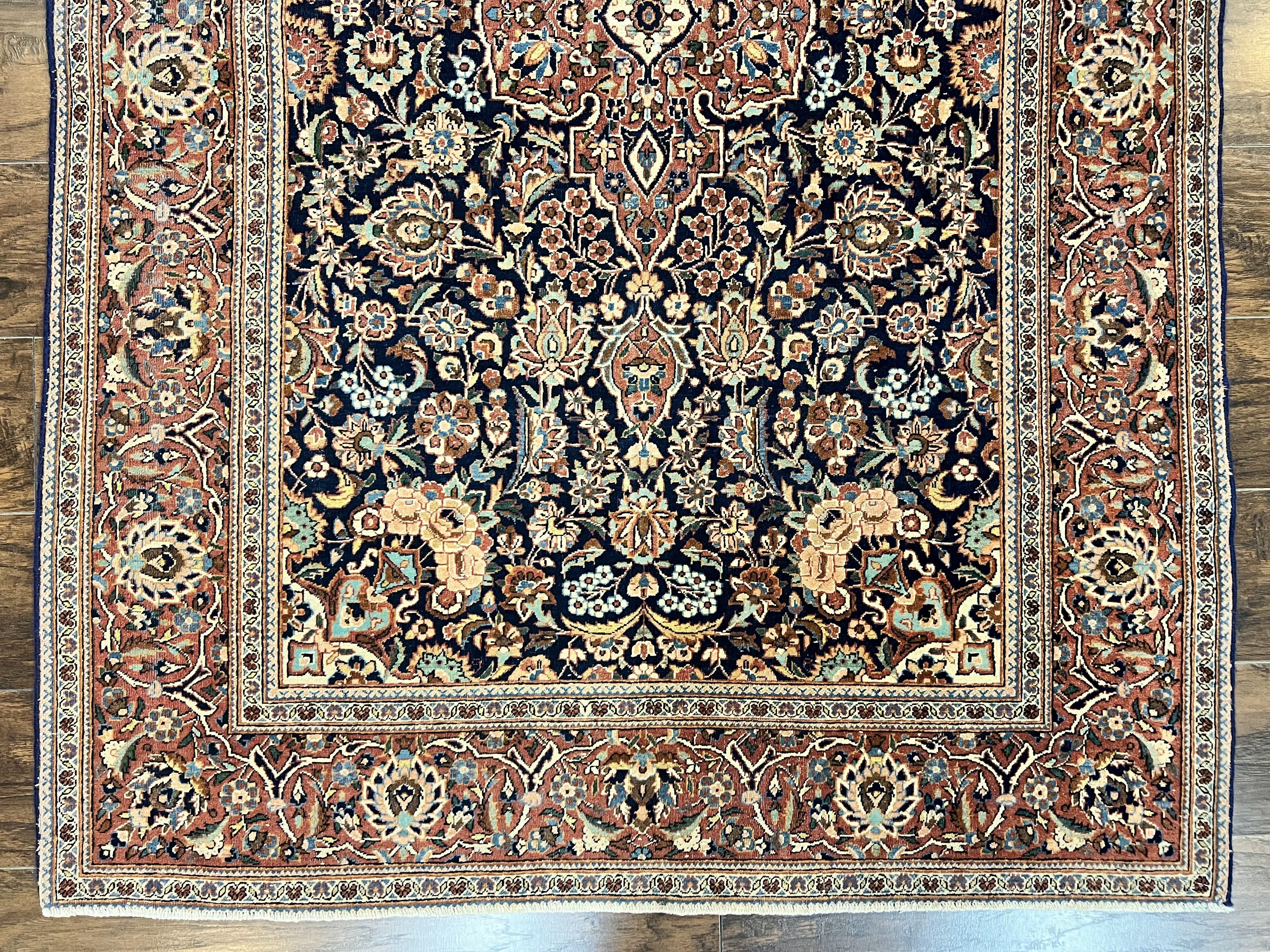 Persian Kashan Rug 4x7, Floral Medallion Vintage Handmade Hand Knotted Navy Blue & Red Wool Oriental Carpet, Highly Detailed Semi Antique Rug - Jewel Rugs