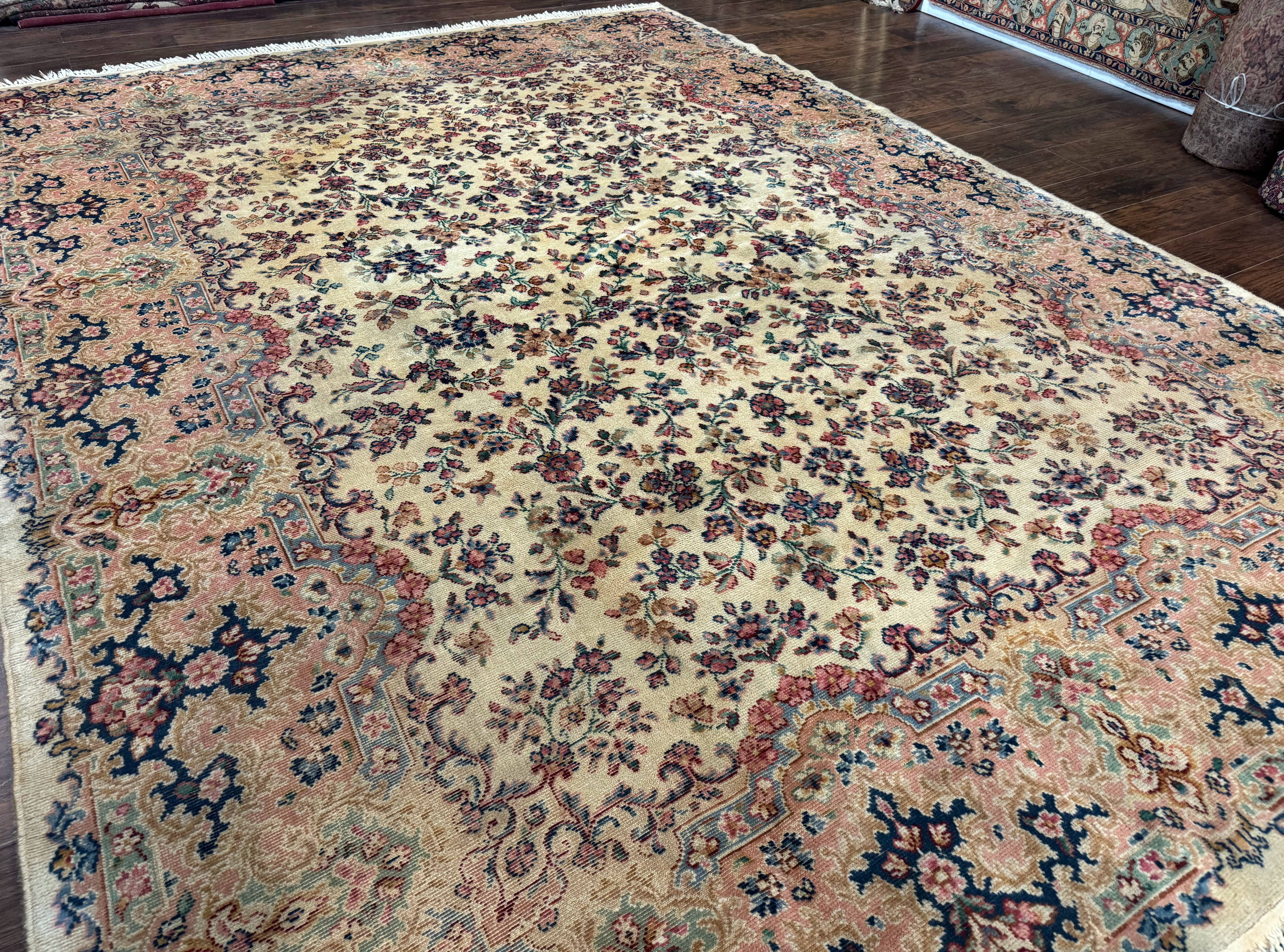 Antique Karastan Rug 8.8 x 12 Lanamar Floral Ivory Kirman Wool Discontinued - Jewel Rugs