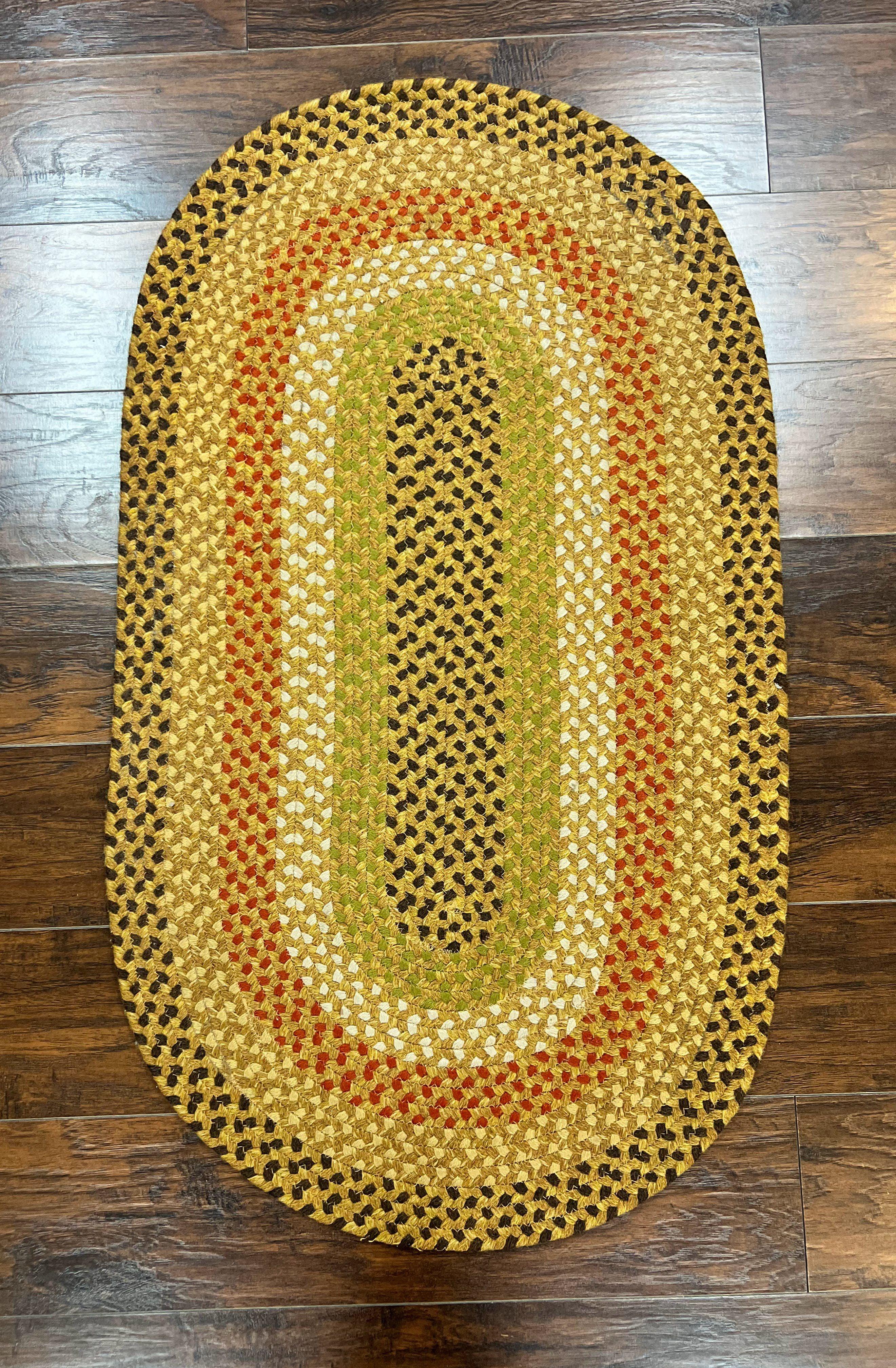 Small Oval Braided Rug 2x4, Yellow Multicolor Oval Rug, Wool Braided Rug, Hand Woven Vintage Handmade Braided Rug - Jewel Rugs