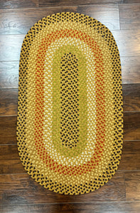 Small Oval Braided Rug 2x4, Yellow Multicolor Oval Rug, Wool Braided Rug, Hand Woven Vintage Handmade Braided Rug