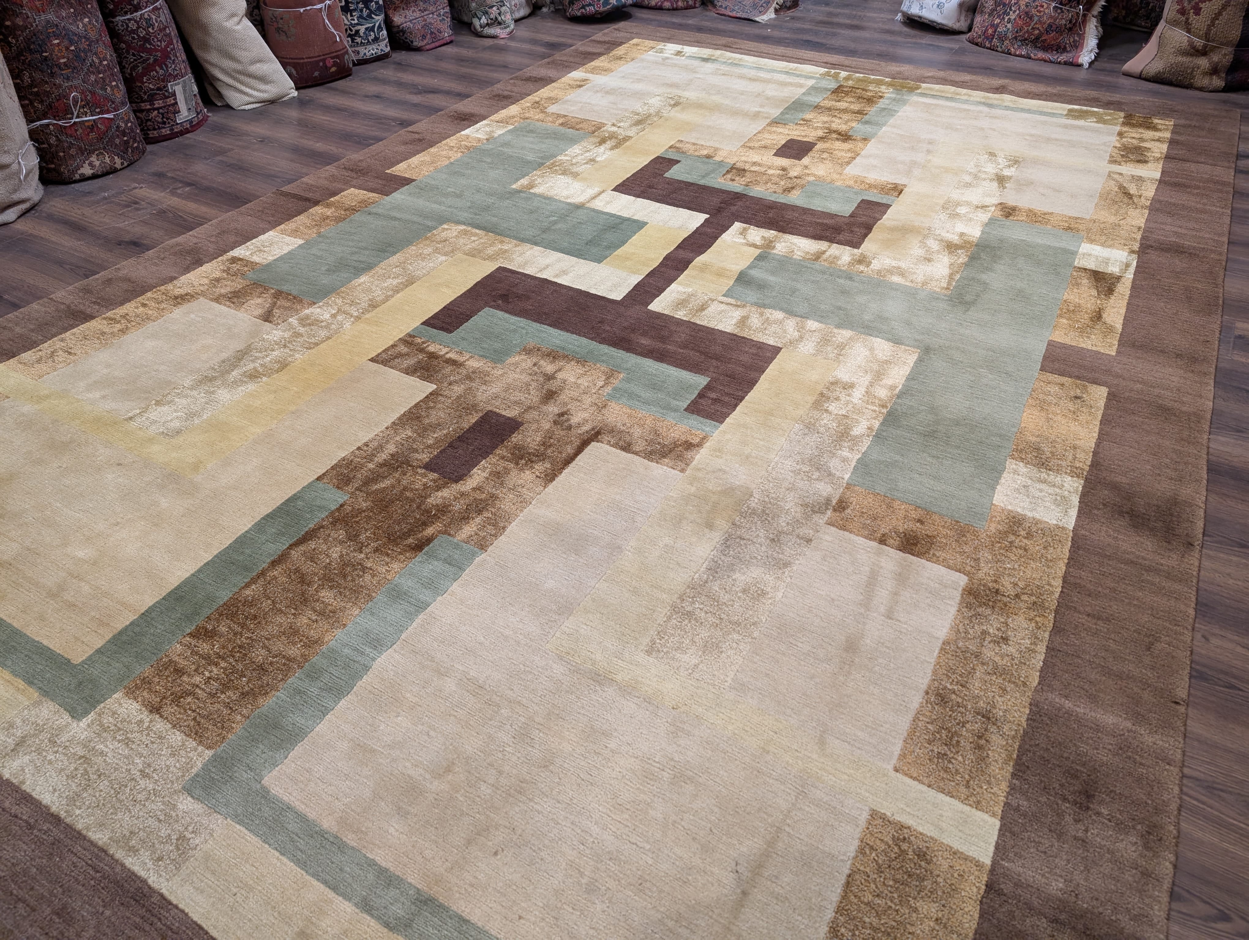 Modern Tibetan Rug 10x14, Wool, Thick Pile, Abstract Geometric, Handmade - Jewel Rugs