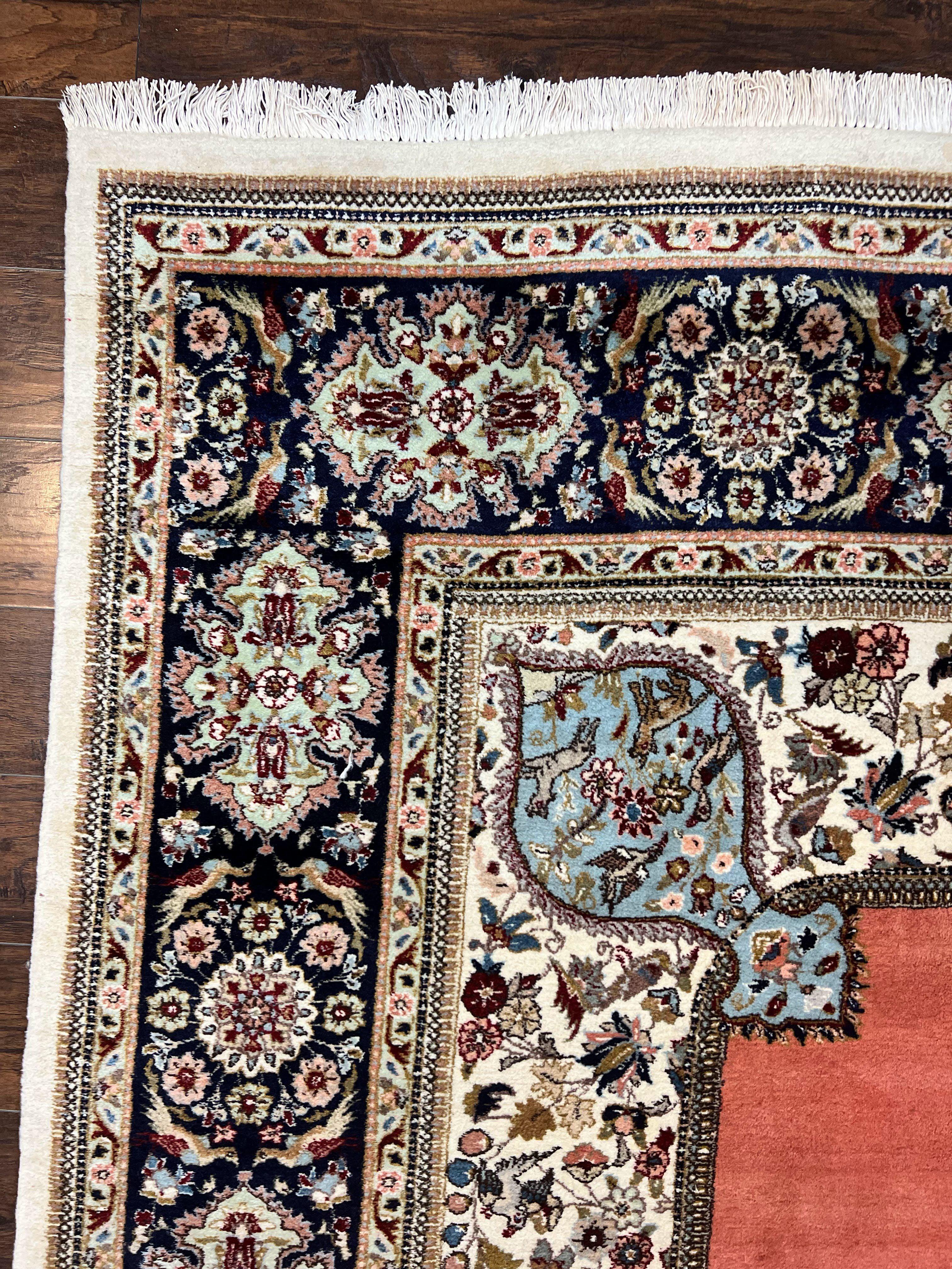 Persian Tabriz Rug 10x13, Wool Hand Knotted Vintage Carpet, Salmon Red & Ivory, Semi Open Field, Birds & Animal Motifs, Large Rug - Jewel Rugs