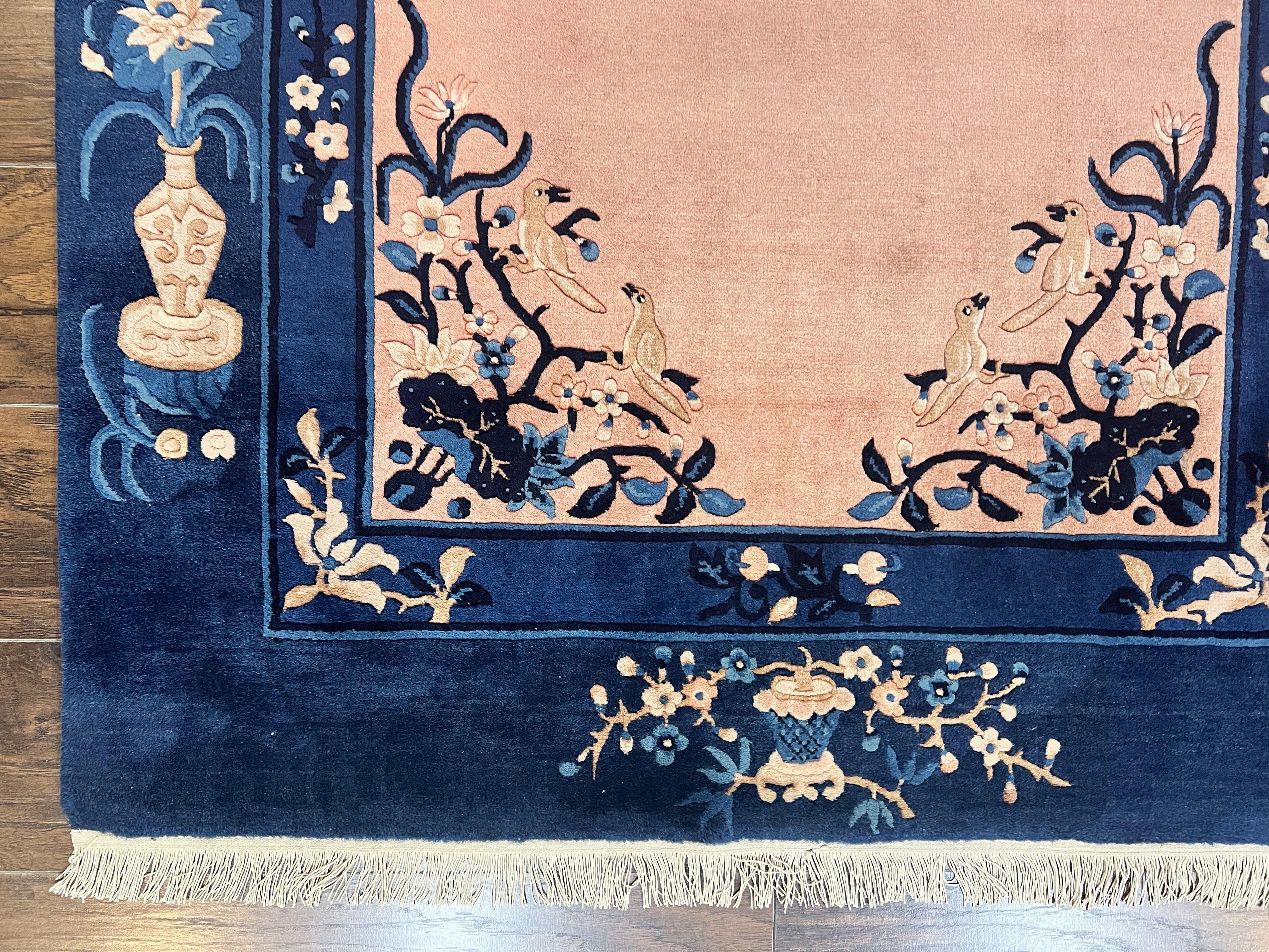 Antique Chinese Peking Rug 4x6, Vases & Bird Motifs, Navy Blue, Handmade Wool Asian Oriental Art Deco Carpet - Jewel Rugs