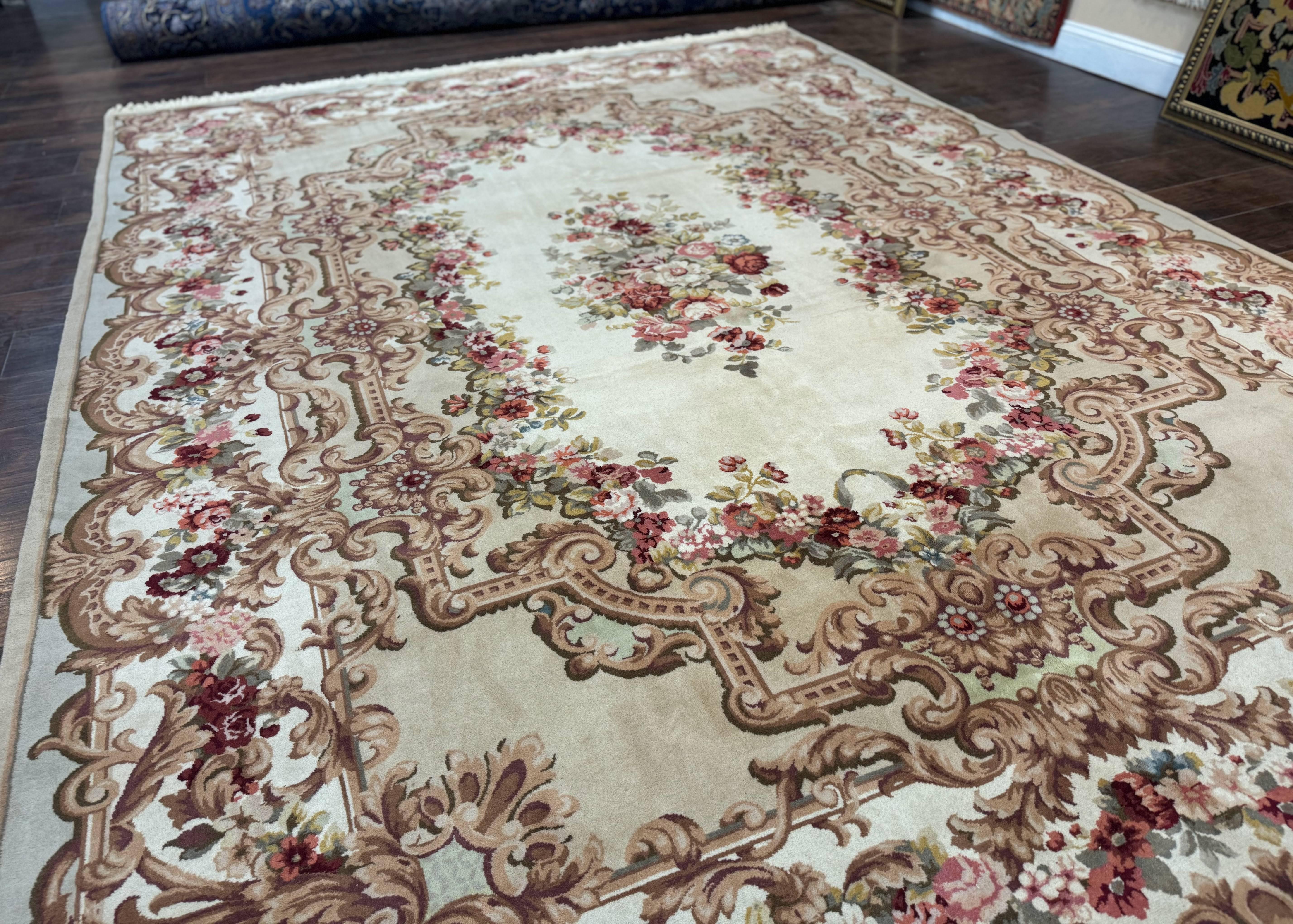Aubusson Rug 8x12, European French Savonnerie Design, Thick Wool Pile, Elegant Rug, Cream Beige Light Green - Jewel Rugs